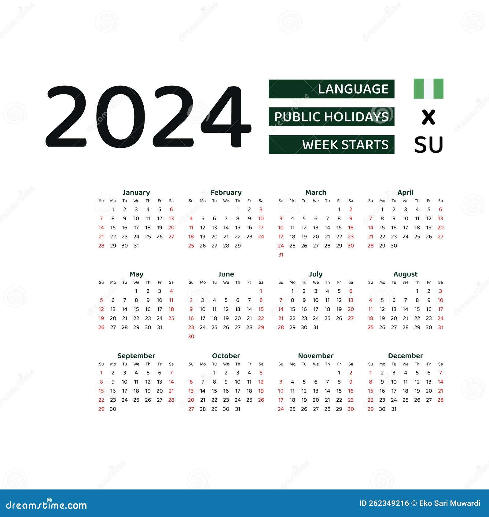 Nigeria Calendar 2024. Week Starts from Sunday. Vector Graphic Design
