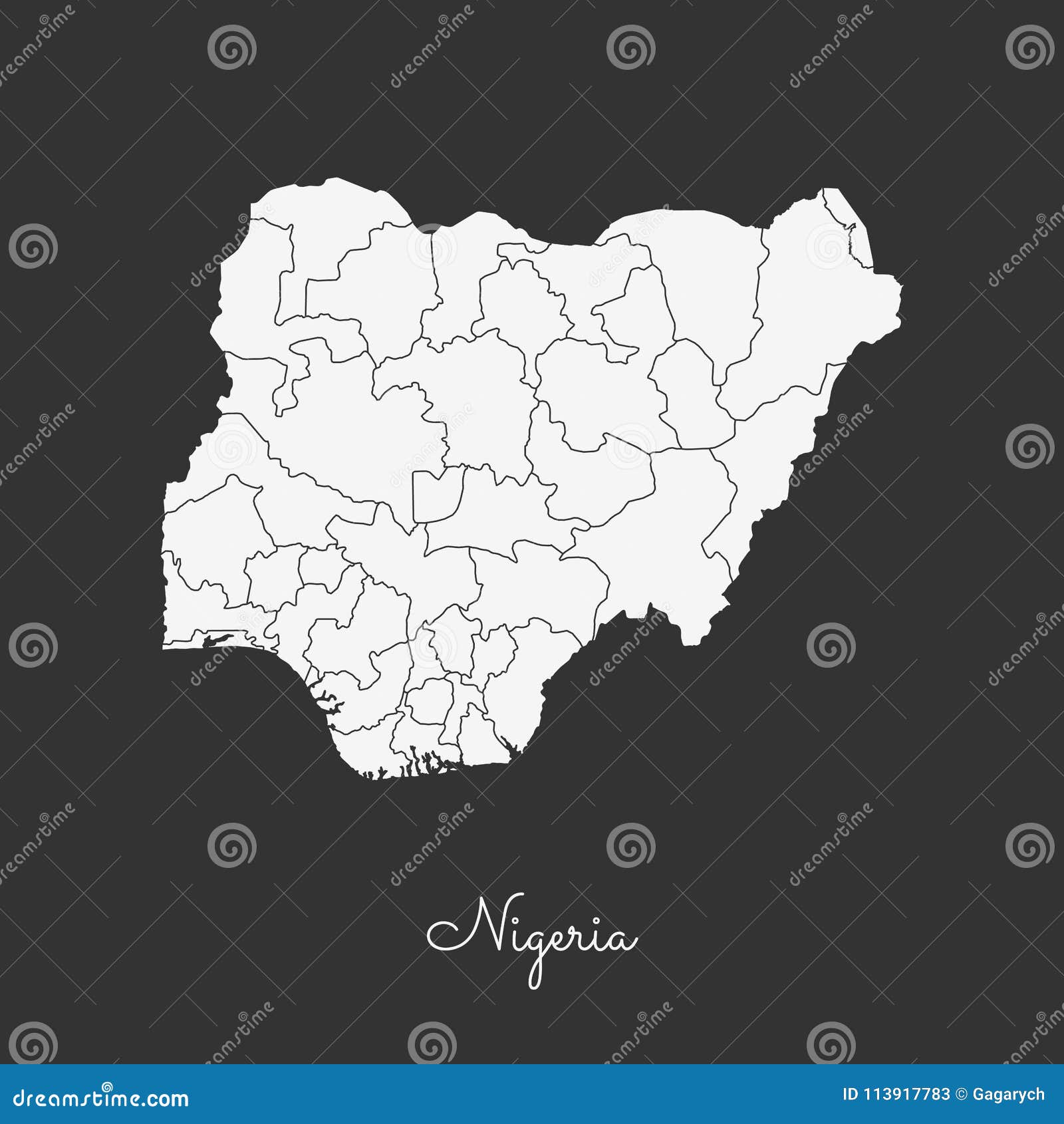 Nigeria Region Map White Outline On Grey Stock Vector Illustration