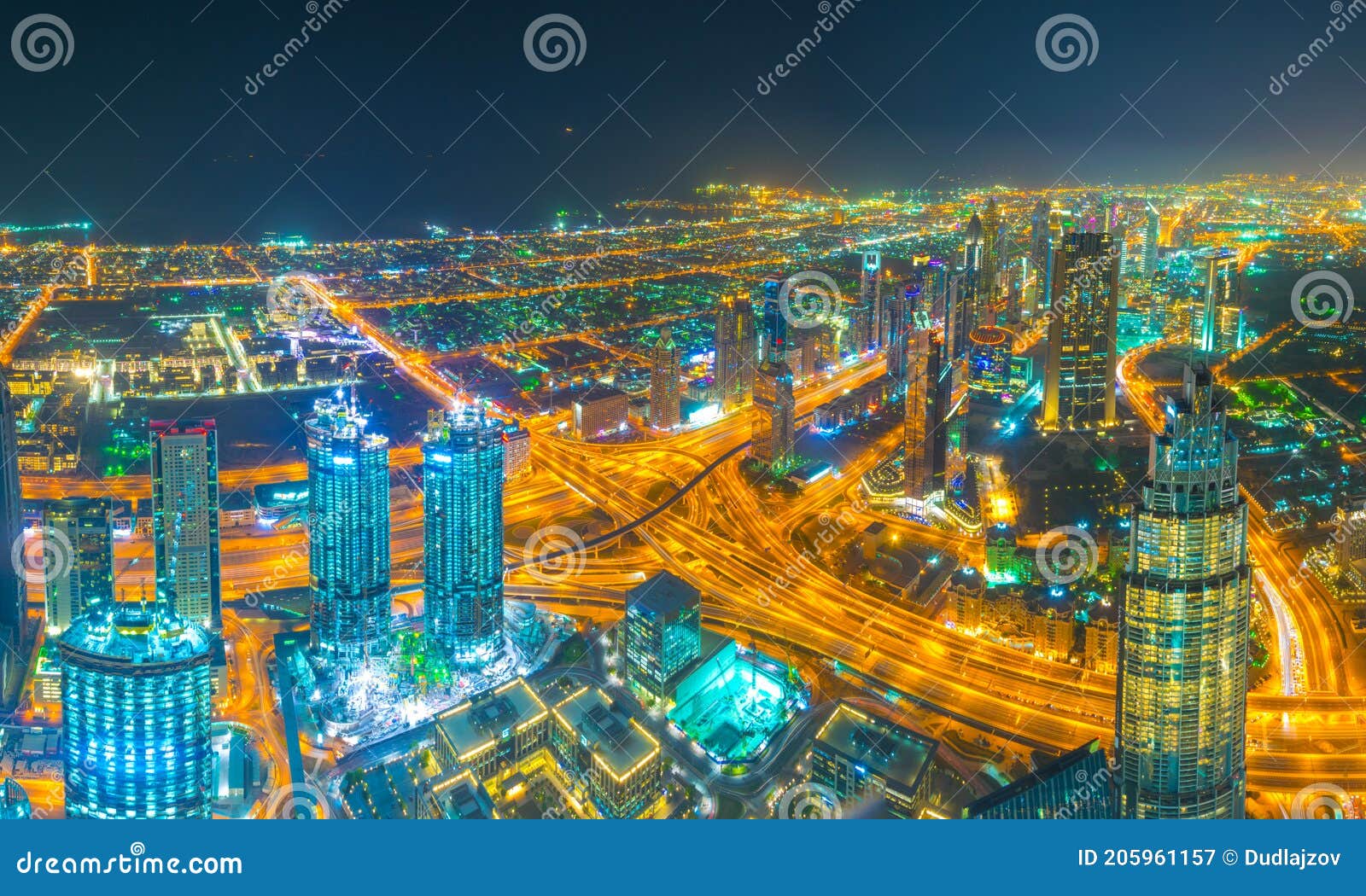 Night Aerial View of Downtown Dubai from the Burj Khalifa Skyscraper