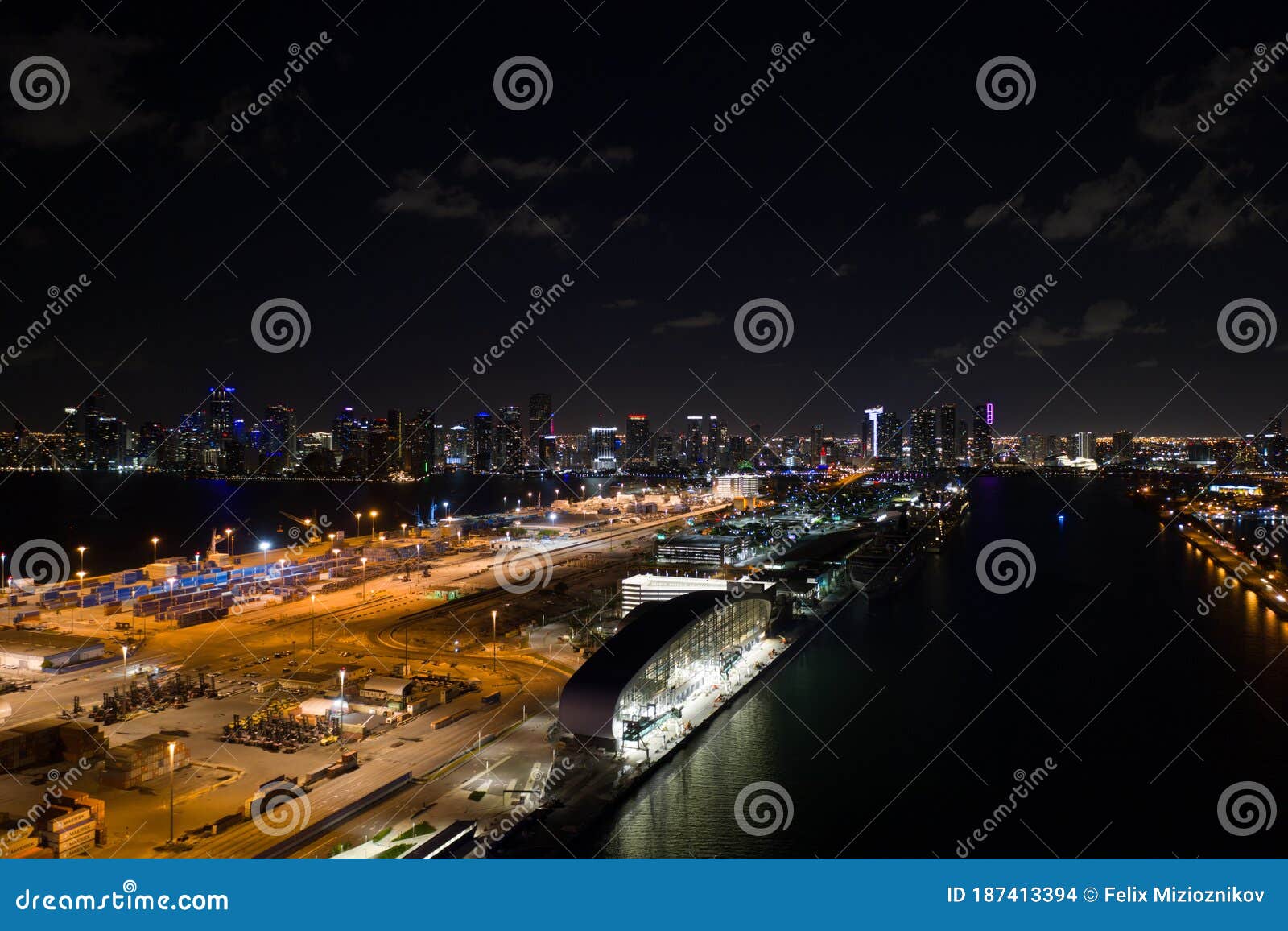 night aerials downtown miami port harbor