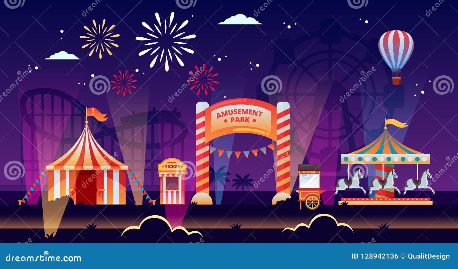 night amusement park  . carousels, circus, fair in park. carnival, festival and entertainment themes