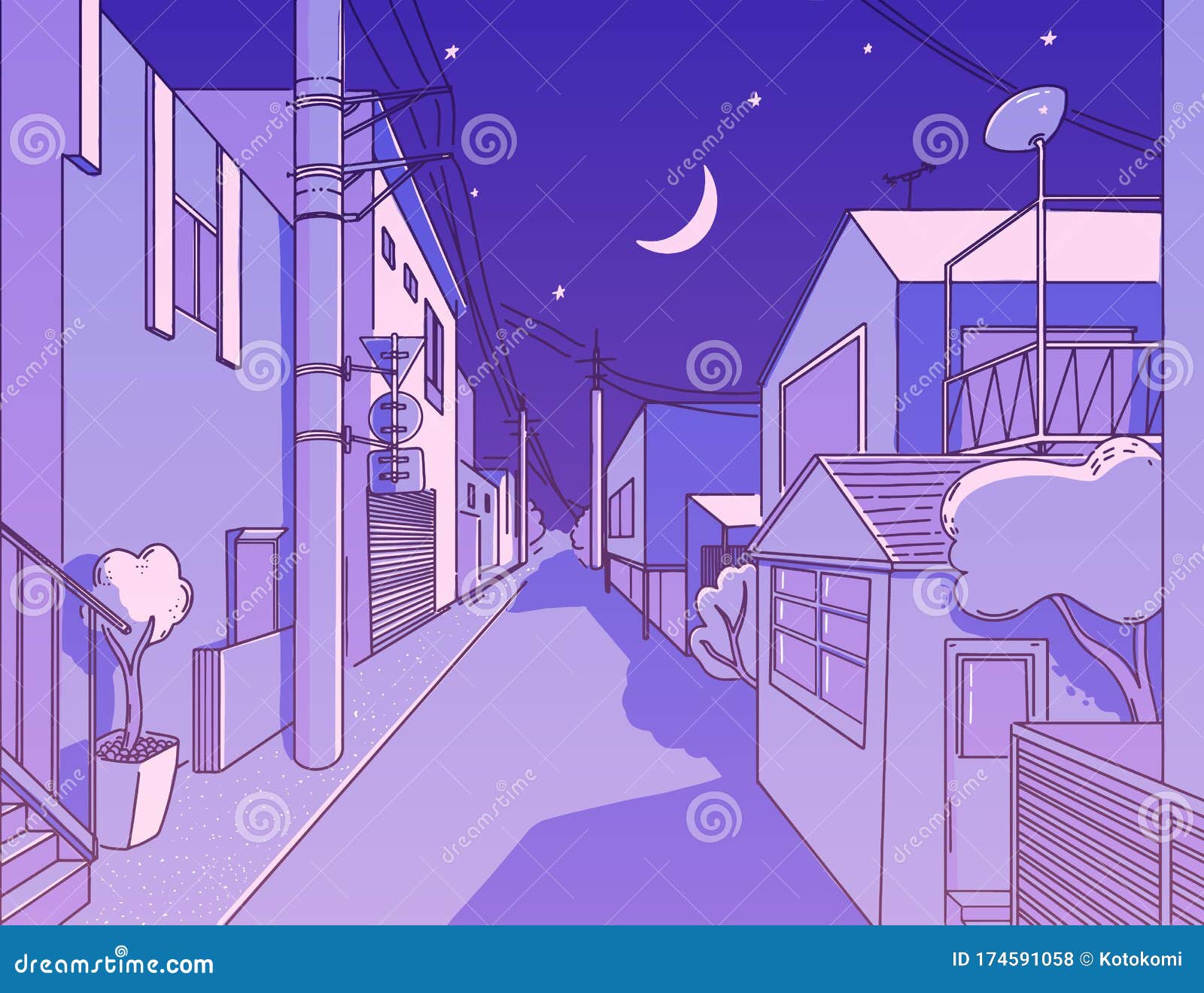 Night Asian Street In Residental Area Peaceful And Calm Alleyway Japanese Aesthetics Illustration Vector Landscape Stock Vector Illustration Of House Lane