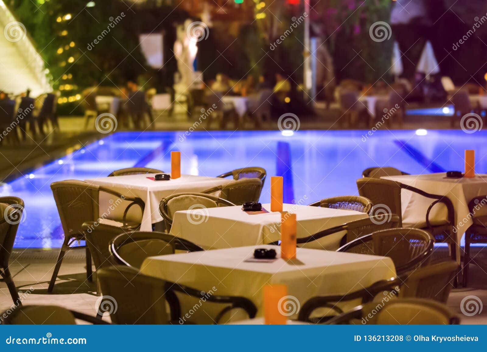 Night Cafe Empty Tables Served For Dinner Candles Lights By