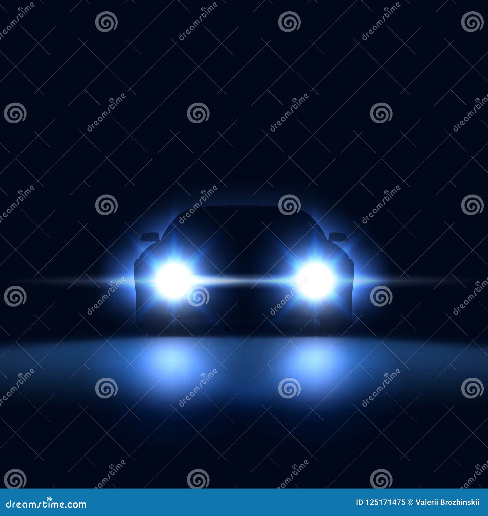 night car with bright headlights approaching in the dark, silhouette of car with xenon headlights in showroom
