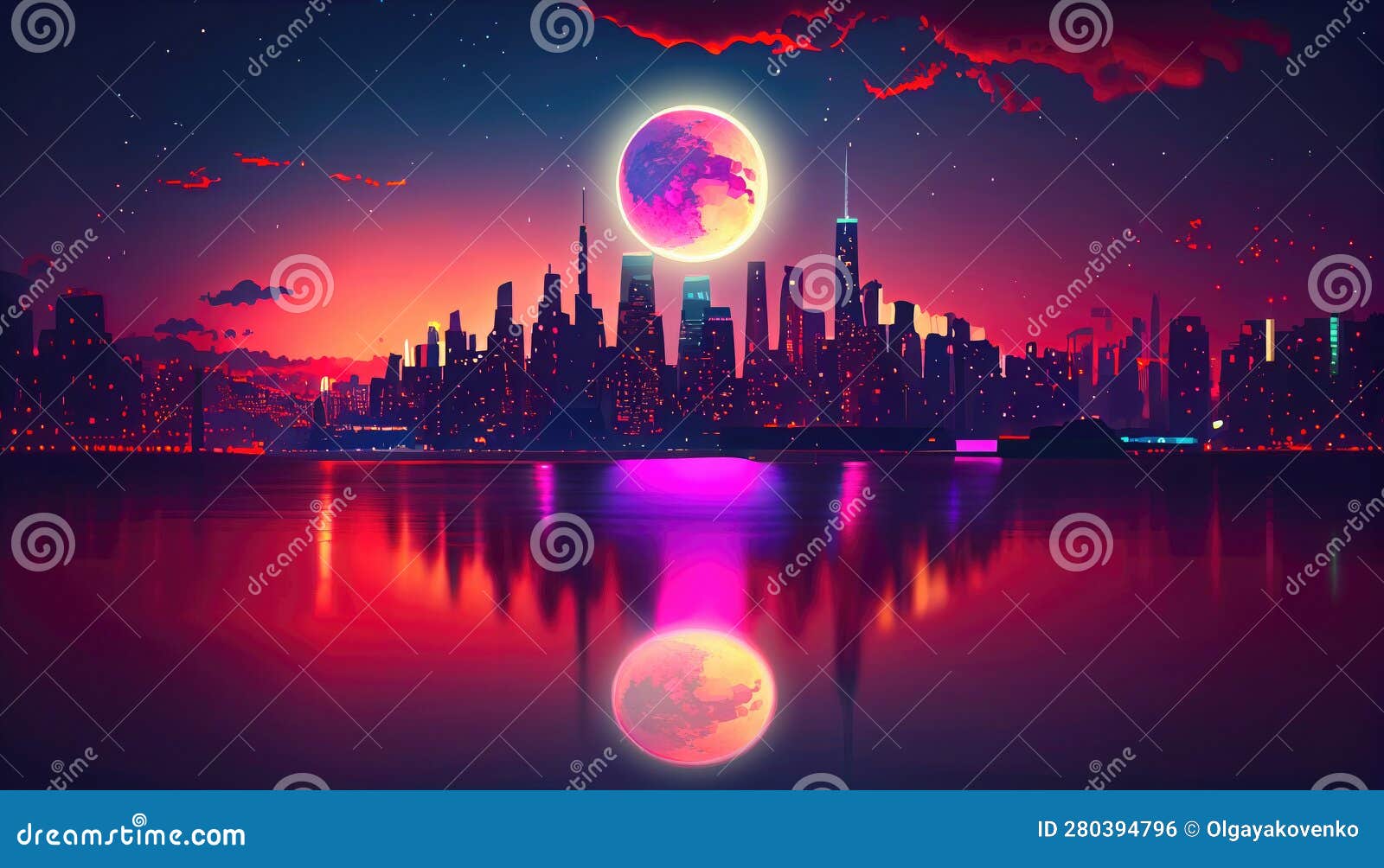 Night City with Full Moon and Reflection in Water, Ai Generation Stock