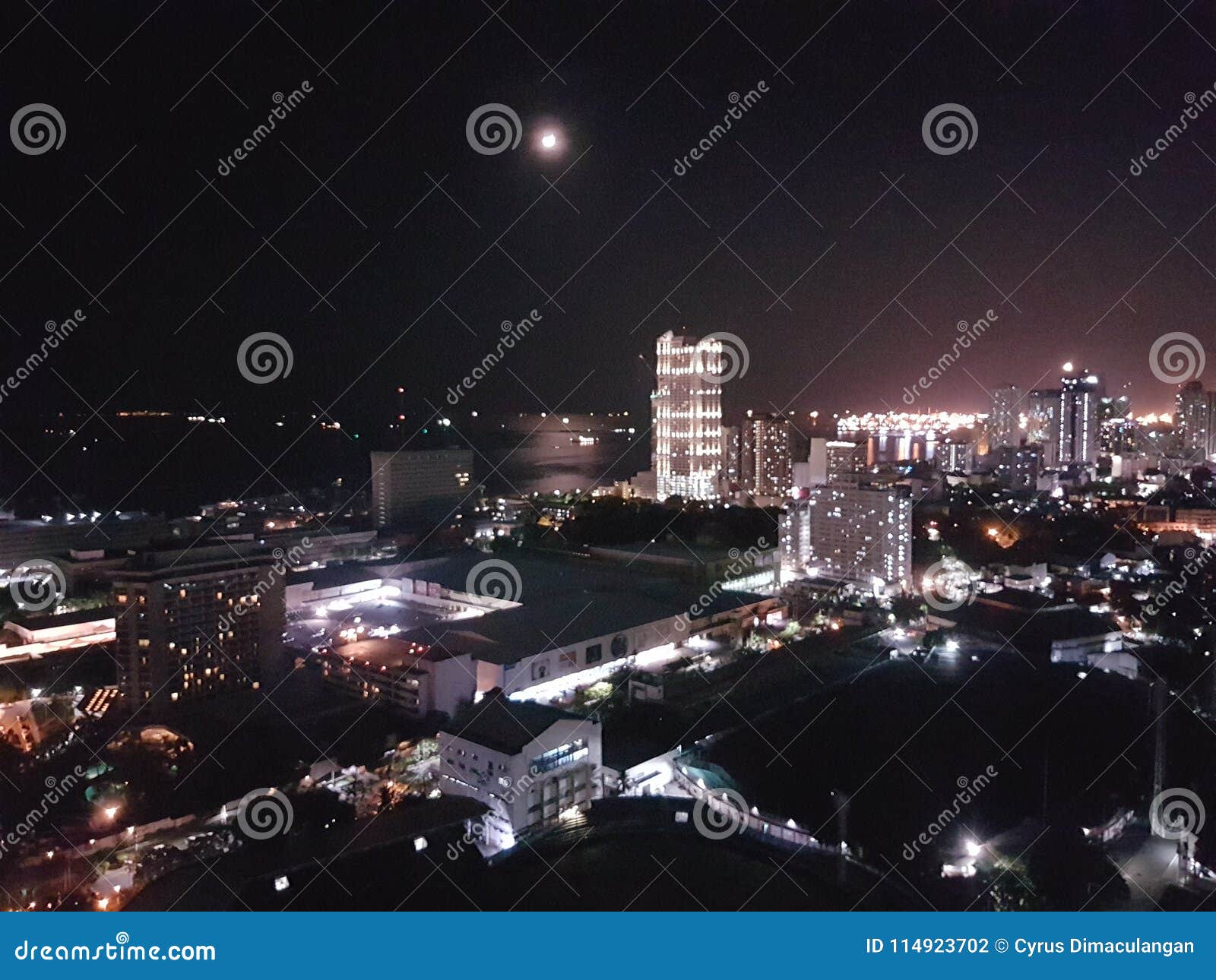 Night stock photo. Image of moon, buildings, city, night 114923702