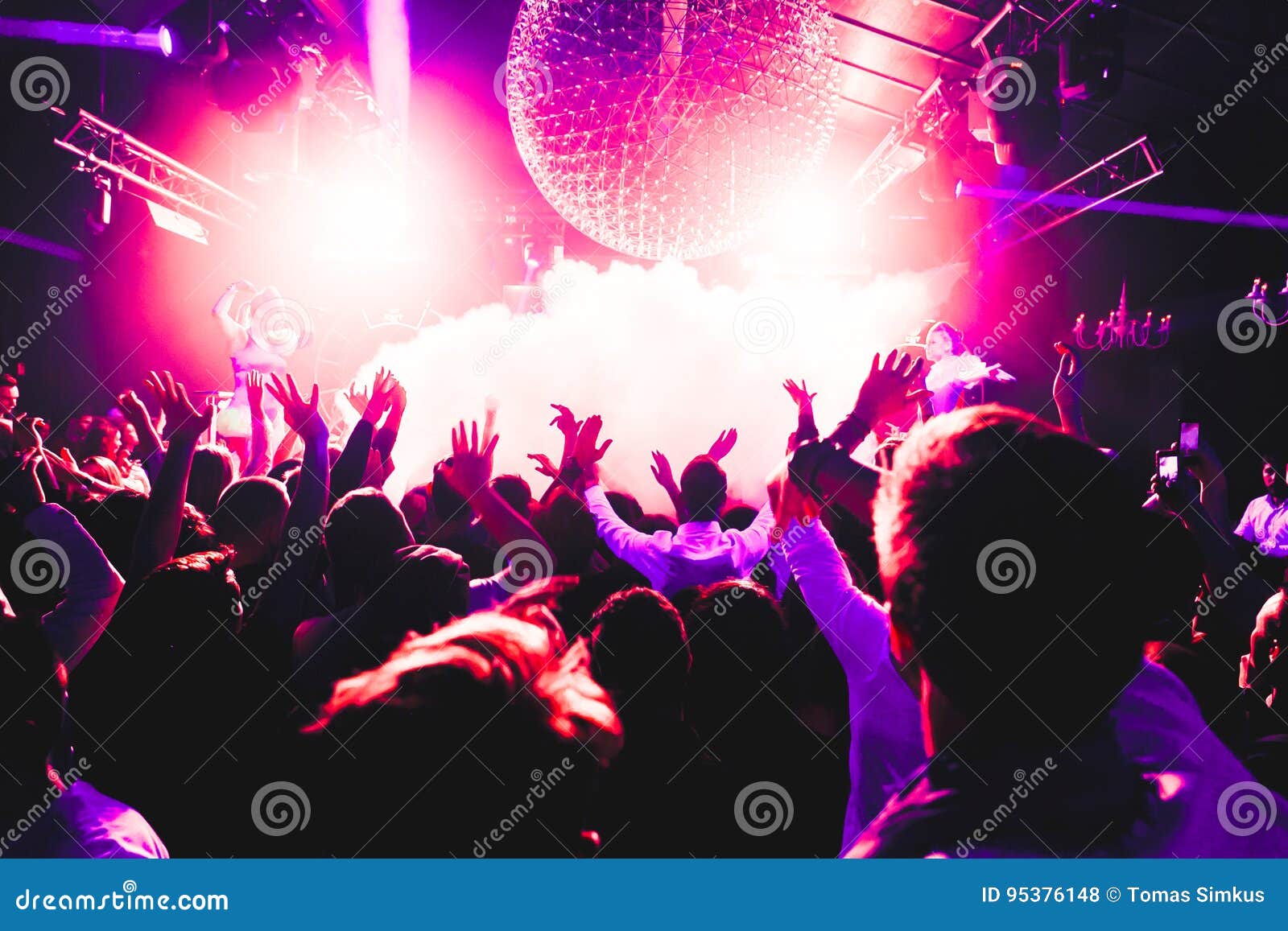 Night Club Silhouette Crowd Hands Up at Confetti Steam Stage Editorial ...