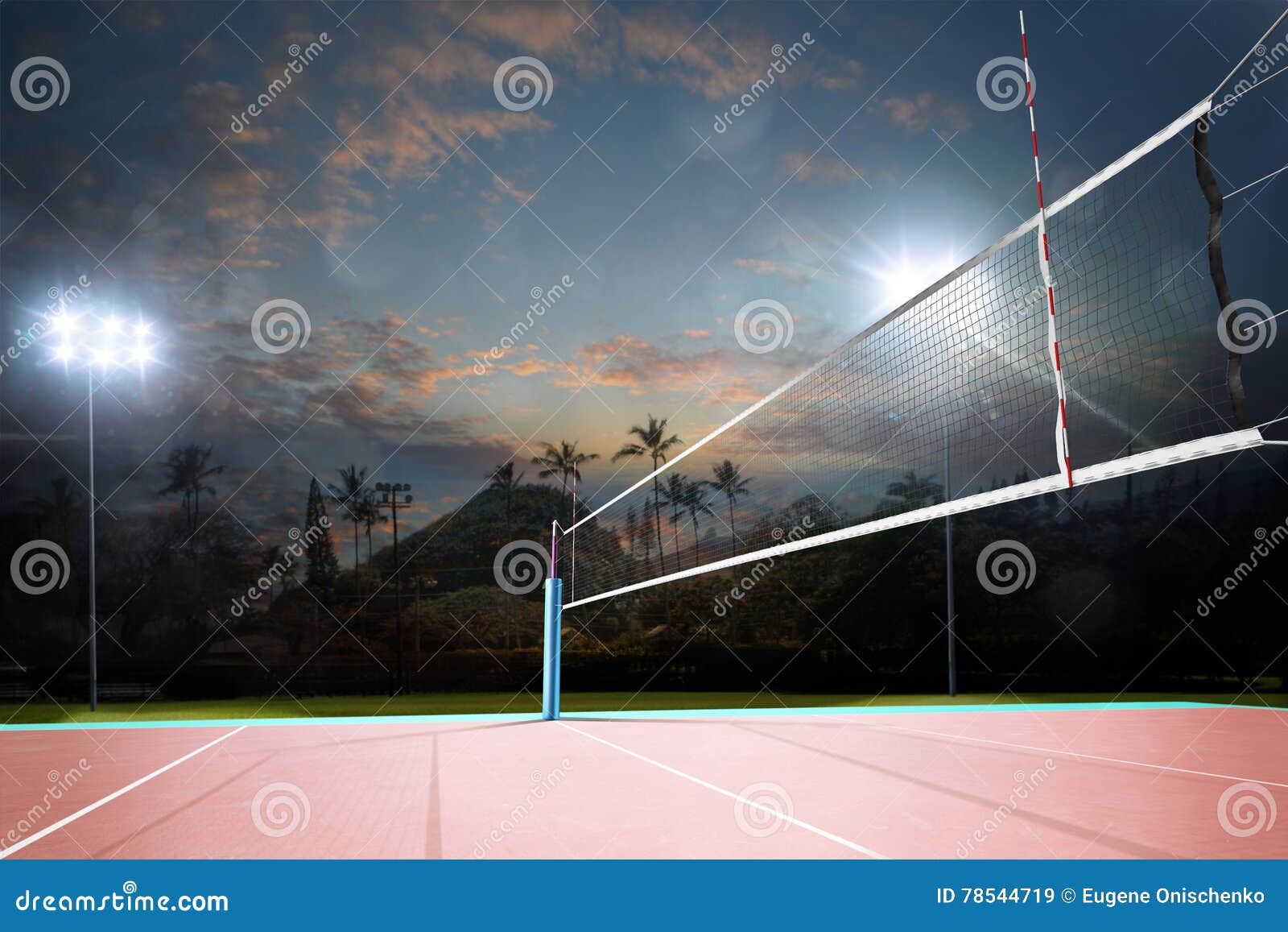 Night Empty Professional Volleyball Open Air Court with Net Stock Image