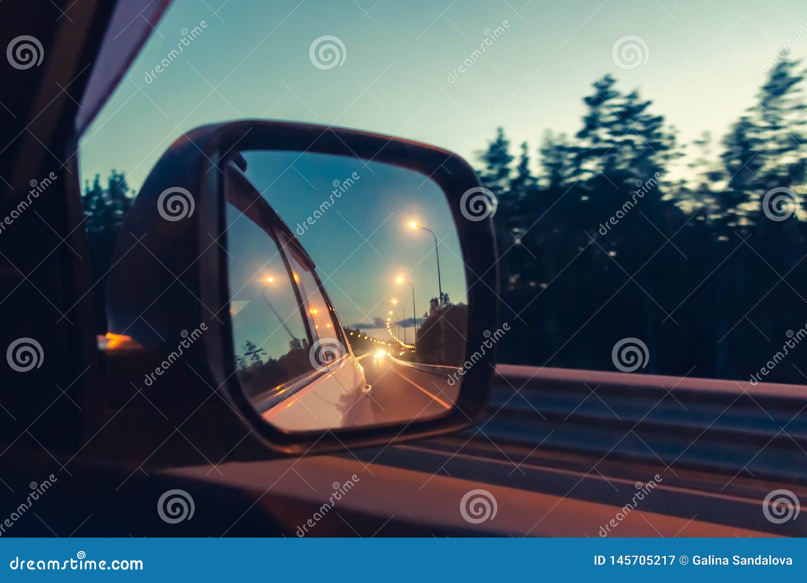 Night Highway in the Side Mirror while Driving Photo, Image. Soft