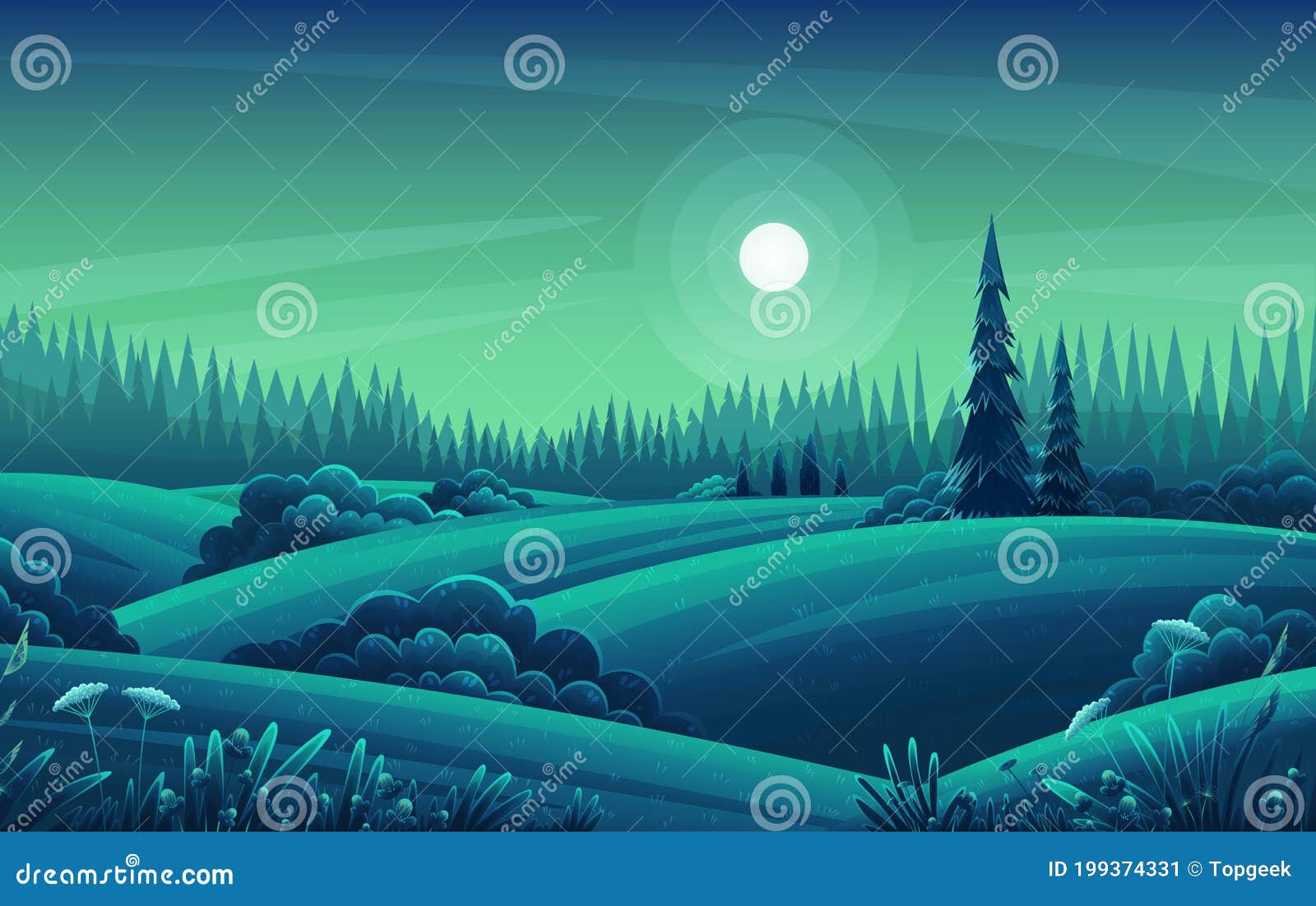 Night Landscape with Hills, Dark Forest, Fir-trees, View at Night ...