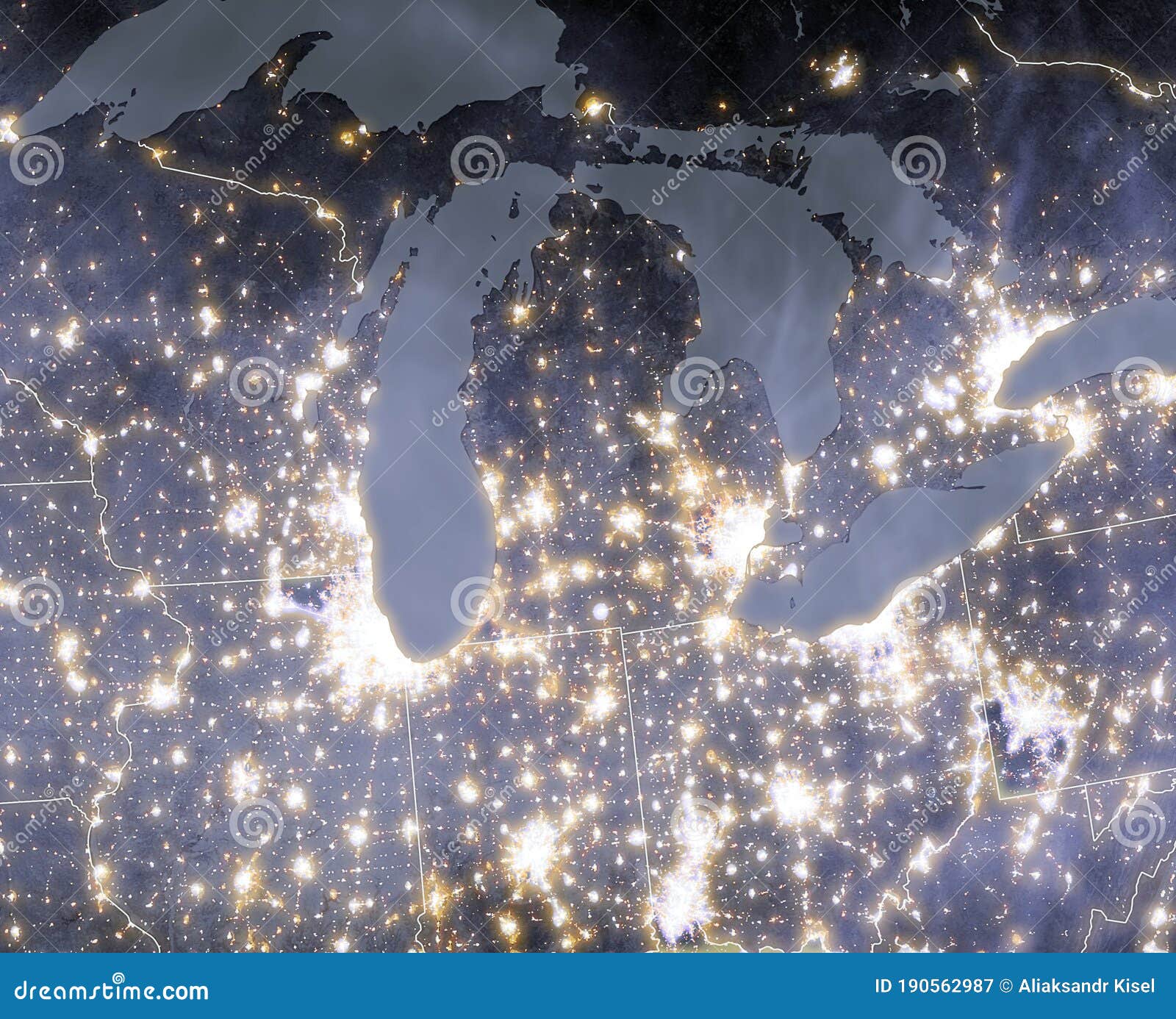 night lights of u.s. cities, vivid night pollution of chicago city agglomeration. a view from space. image s courtesy of