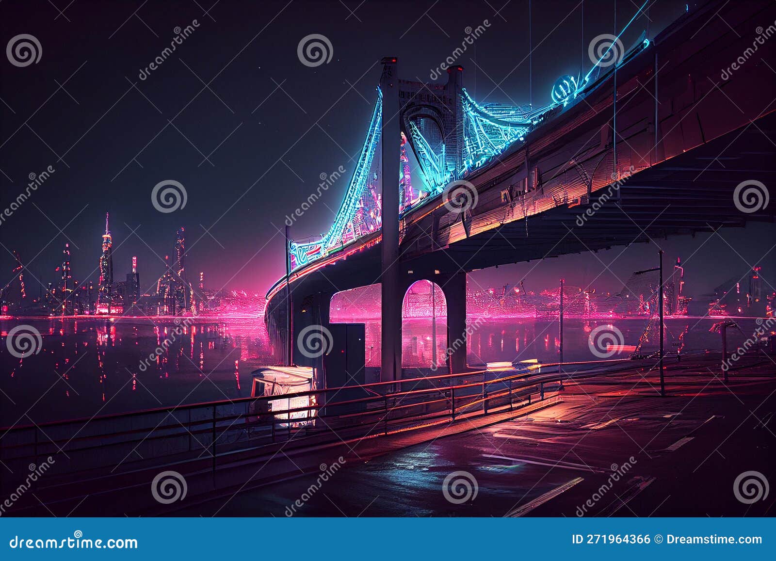 Night Neon Bridge Over River or Bay with Cityscape Background. Neon
