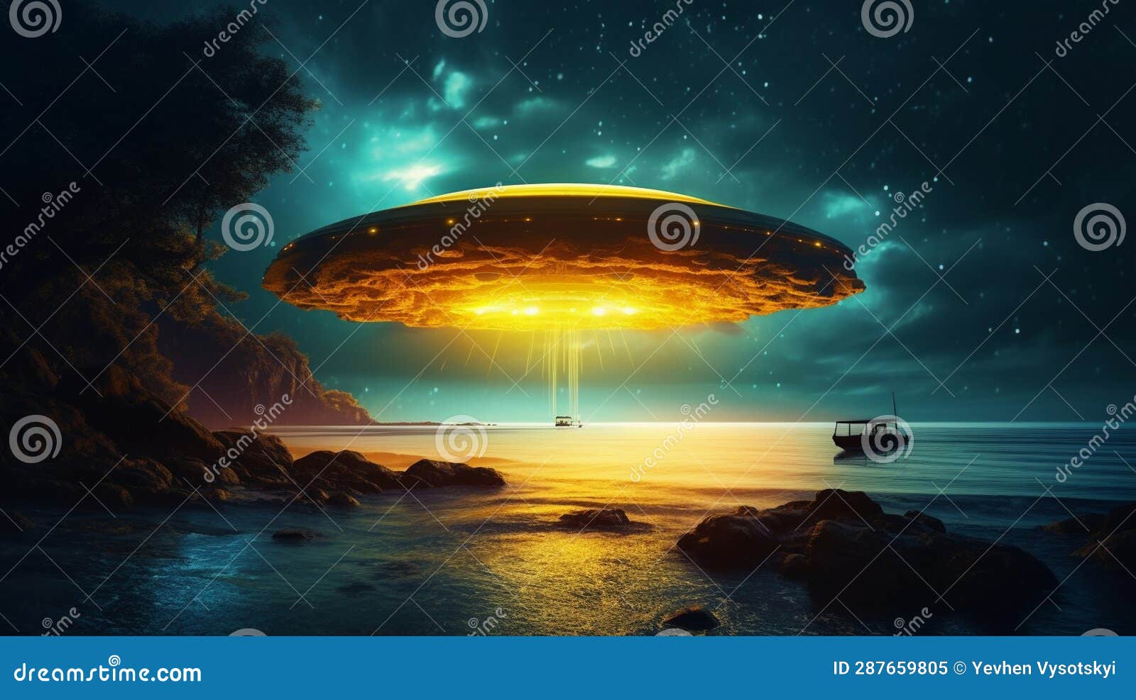 Night Ocean Shore. High in the Sky a Big UFO Full of Lights Stock