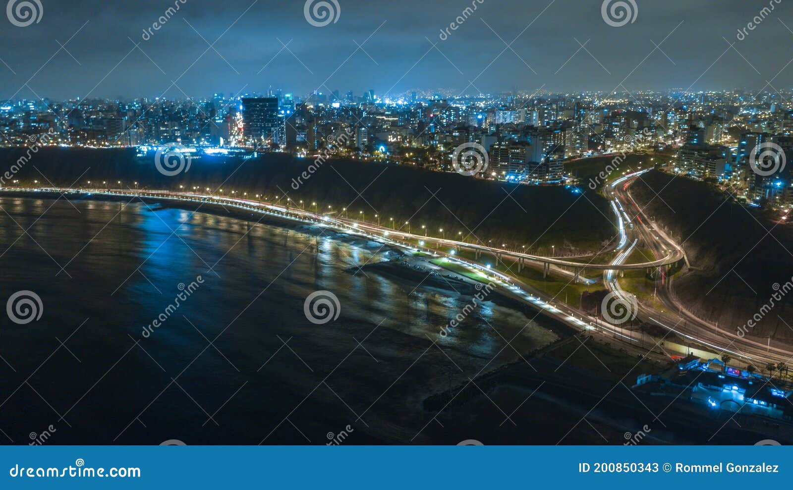 night panoramic view of the costa verde high way and costanera at the sunset, san miguel - lima, peru.