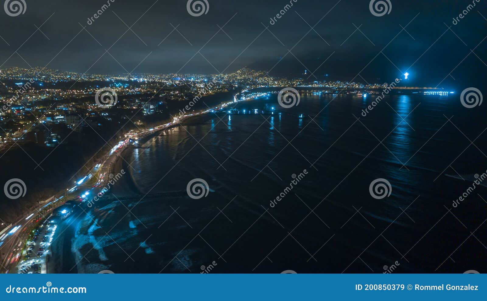 night panoramic view of the costa verde high way and costanera at the sunset, san miguel - lima, peru.
