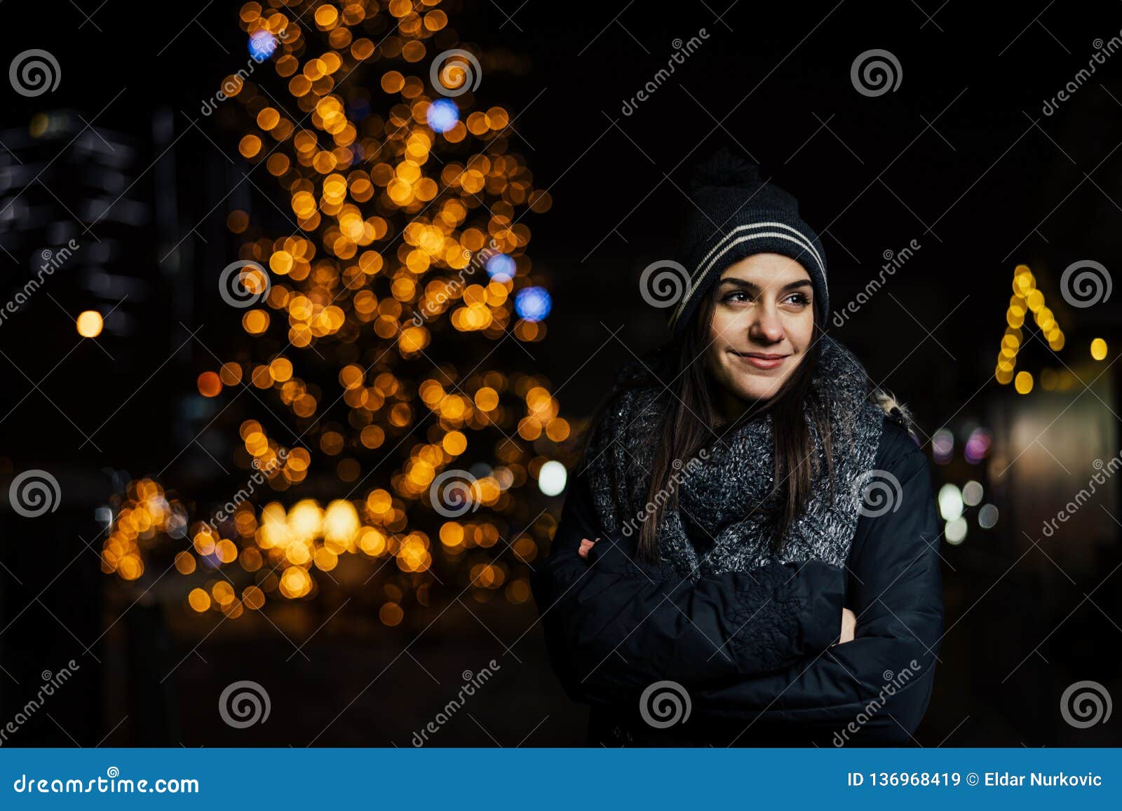 Night Portrait of a Beautiful Brunette Woman Smiling Enjoying Winter in ...