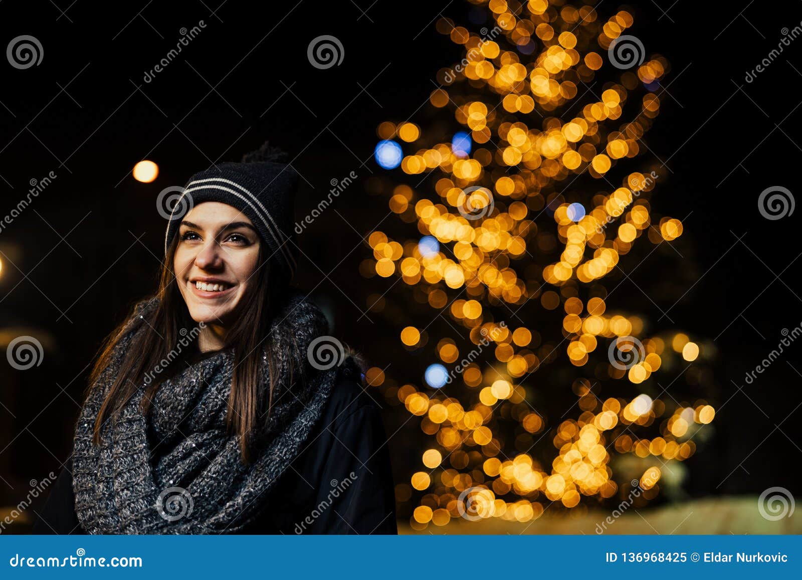 Night Portrait of a Beautiful Brunette Woman Smiling Enjoying Winter in ...