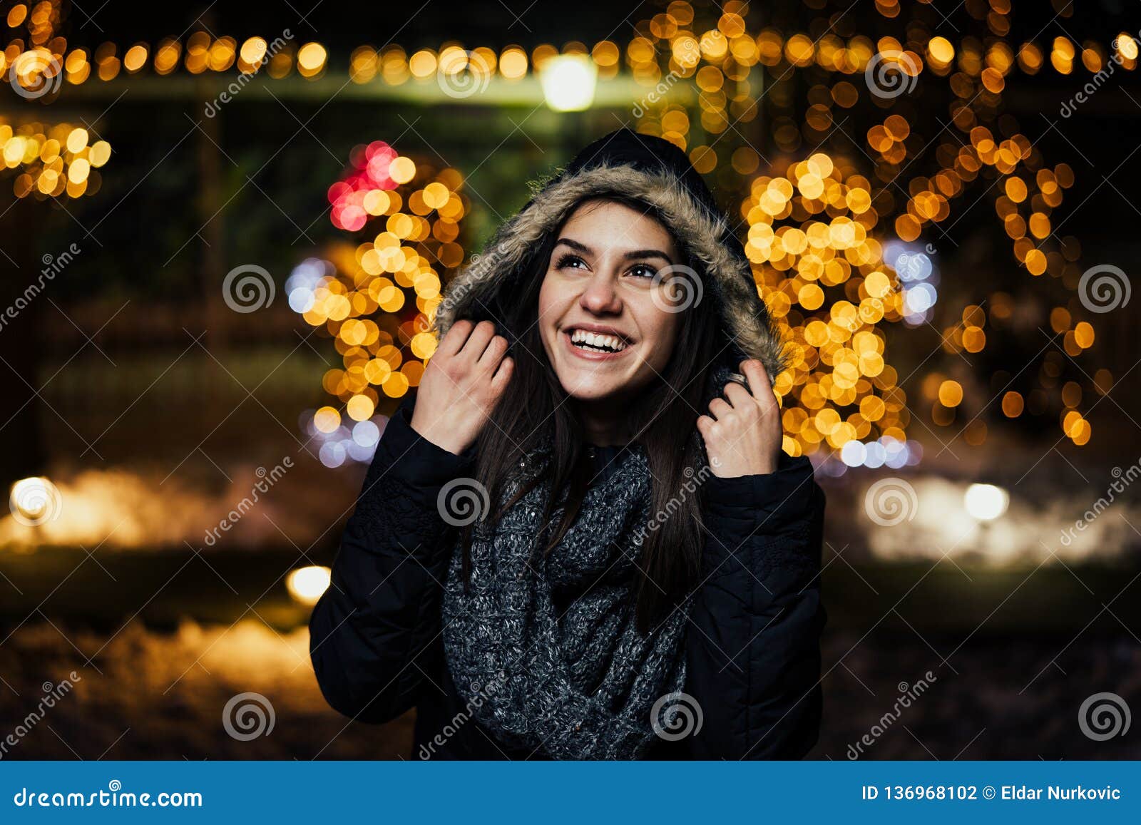 Night Portrait of a Beautiful Happy Woman Smiling Enjoying Winter and ...