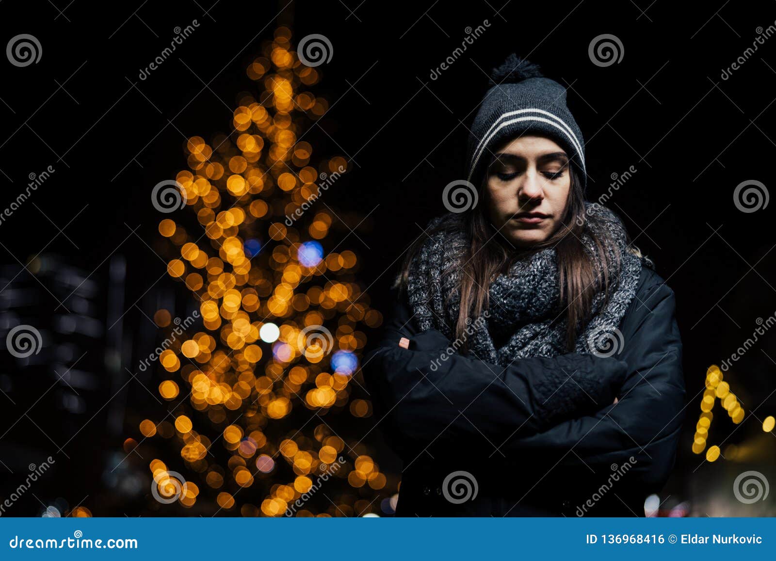 Night Portrait of a Sad Woman Feeling Alone and Depressed in Winter ...