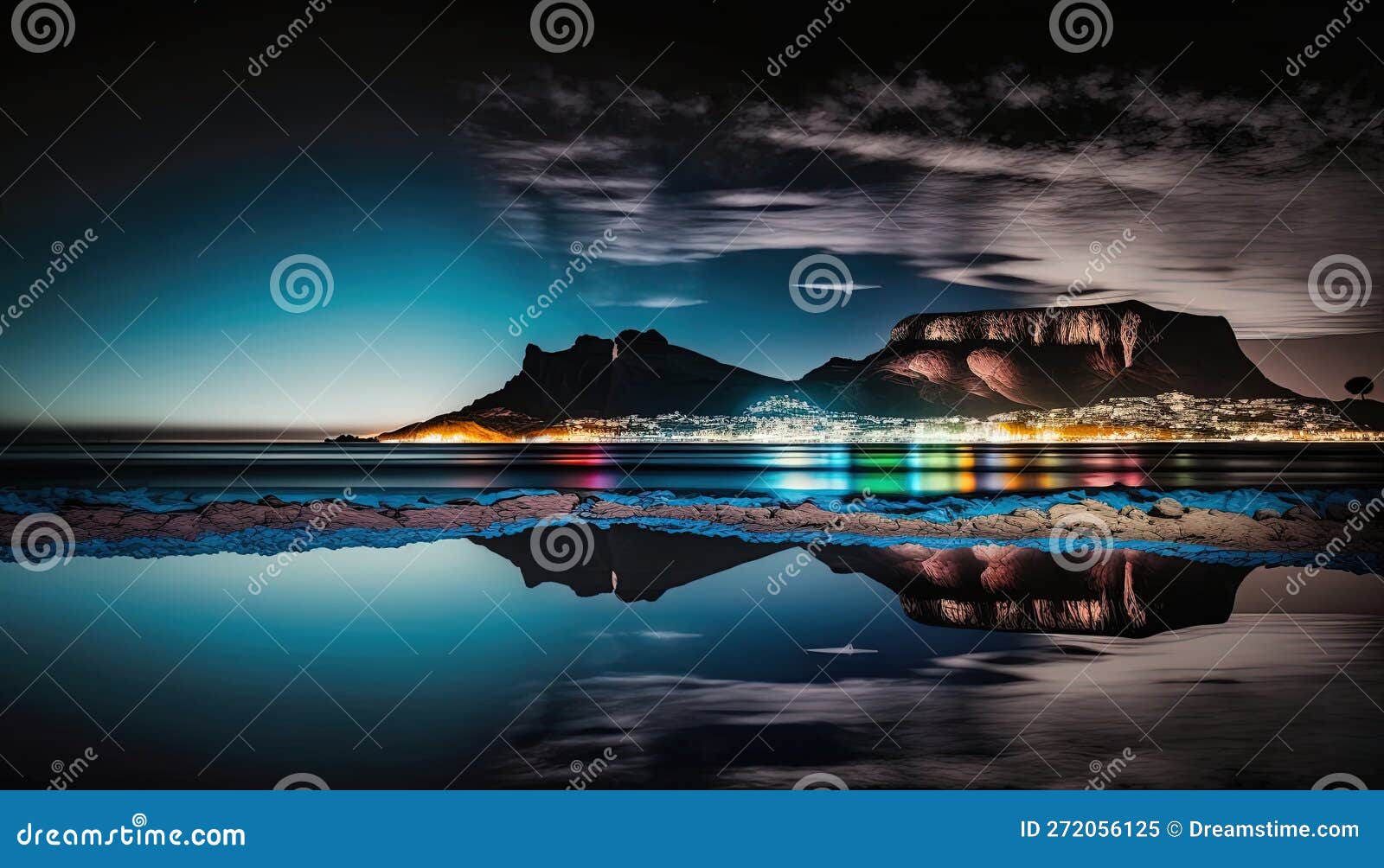 night reflection of cape town montain south africa on the river and lights