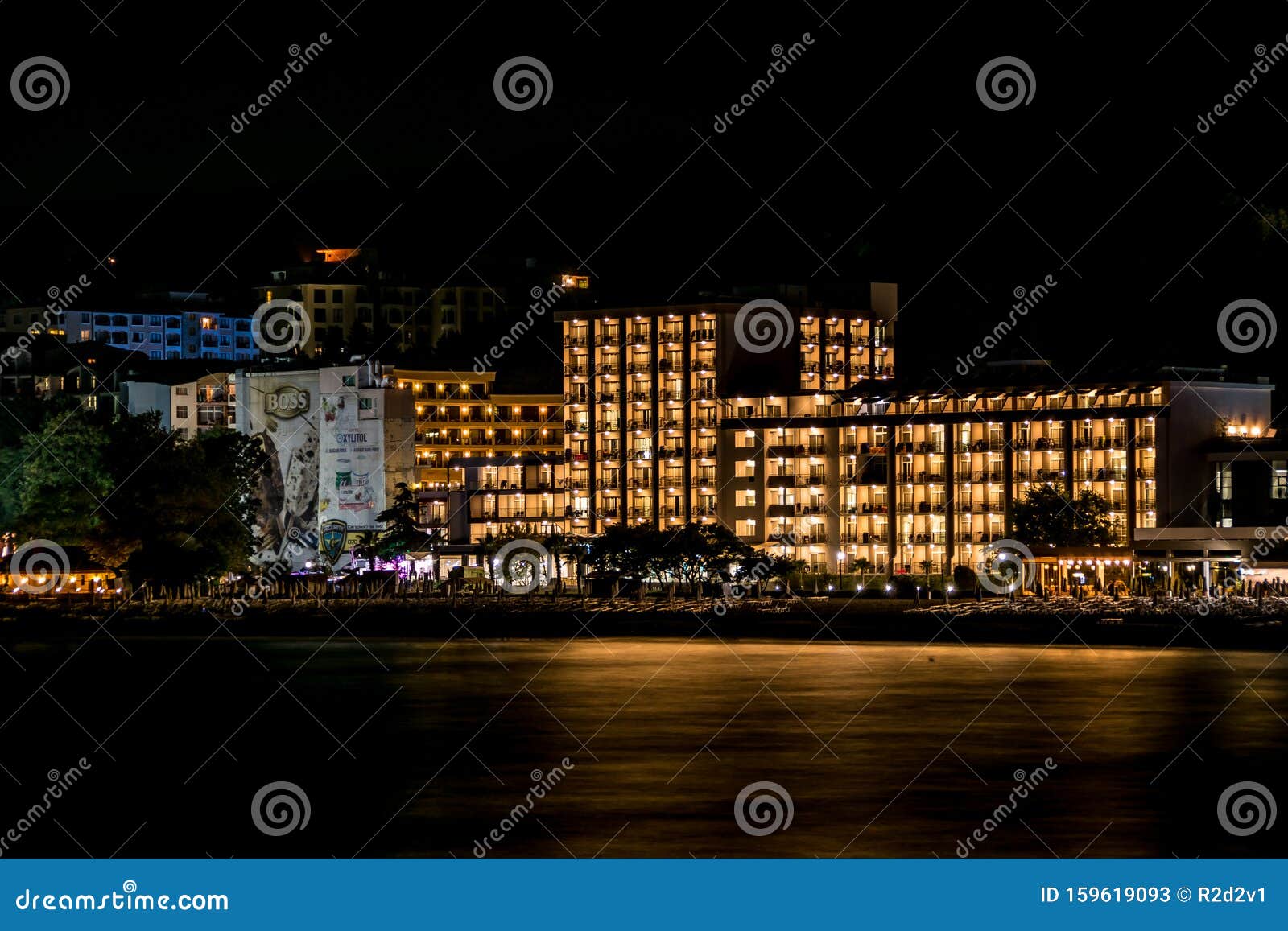 night scene. lights of 4 stars sentido marea hotel building on black sea coast
