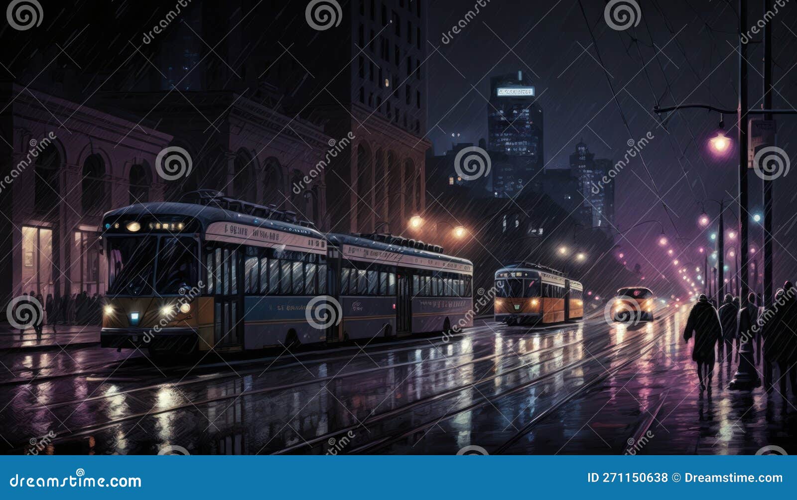 a night scene of yonge street in toronto featuring streetcars in motion