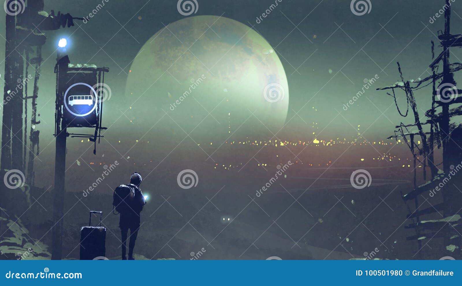 Night Scenery of the Boy at the Bus Stop Waiting Stock ...