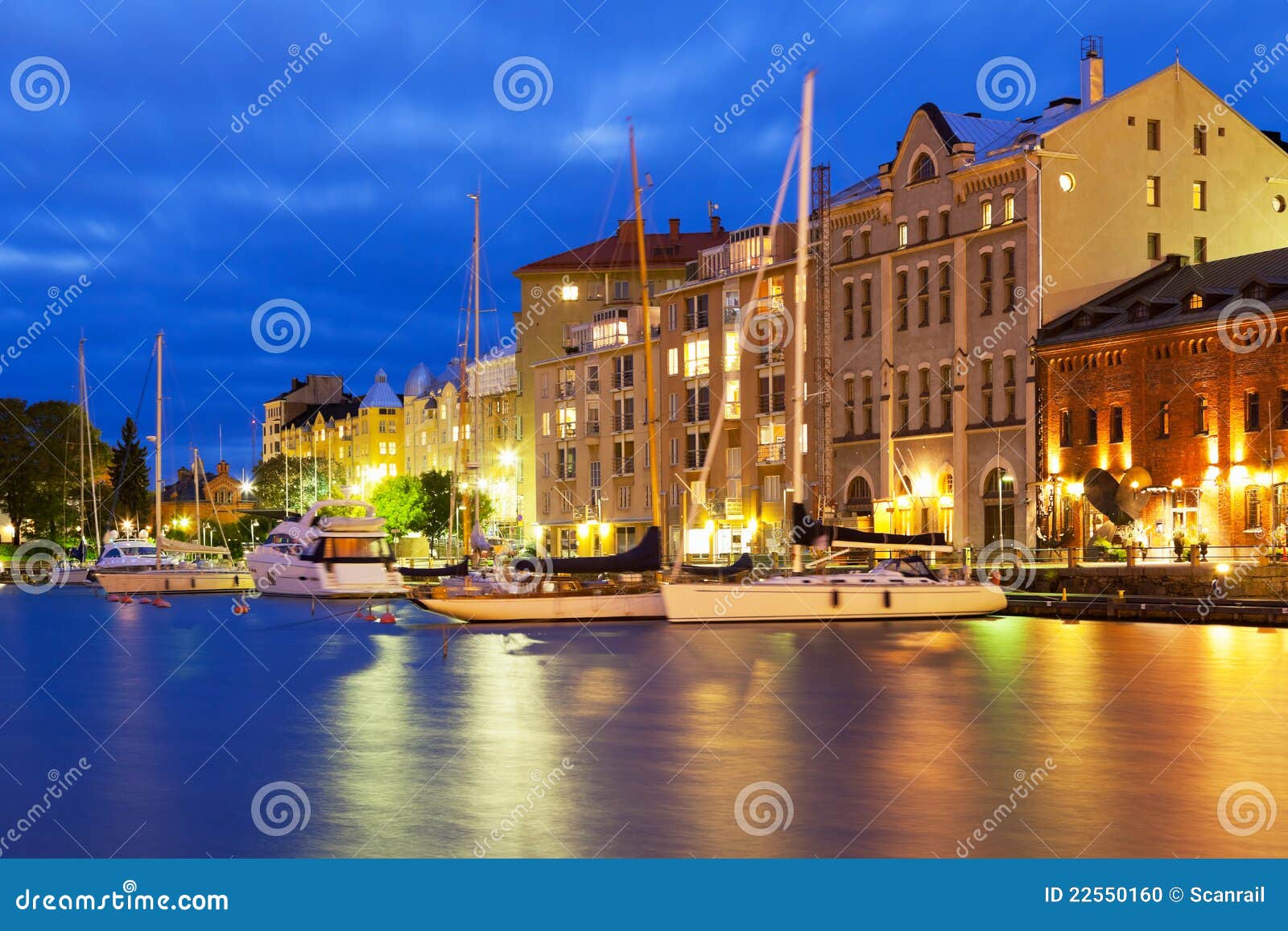 night scenery of the old town in helsinki, finland stock
