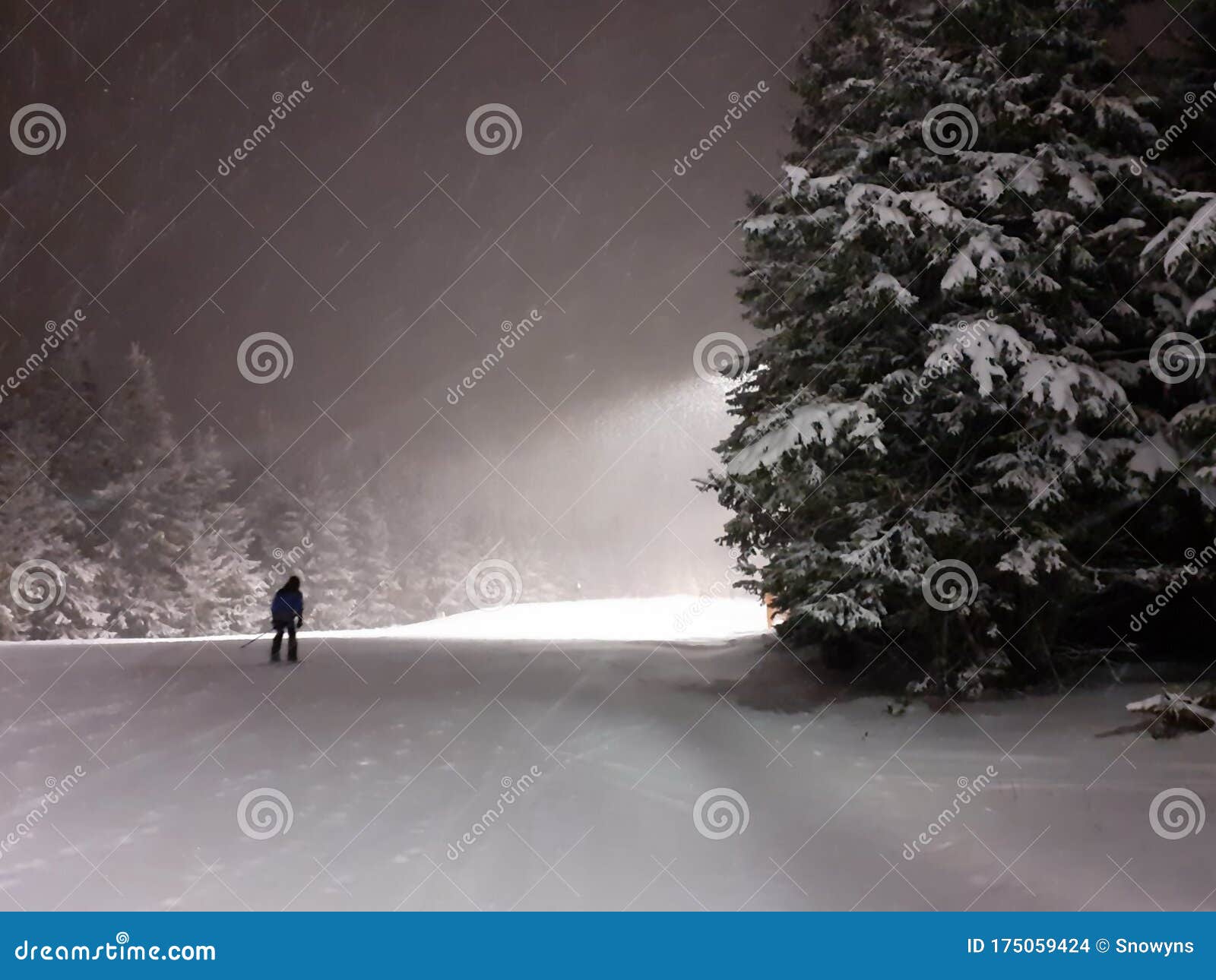 Night Skiing with Lights Skier on the Ski Slope at Night Stock Photo