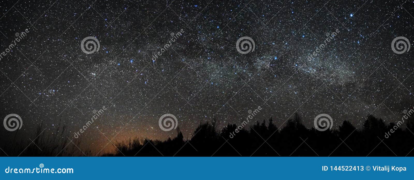 night sky and milky way stars, perseus cassiopea cygnus and lyra constellation panorama