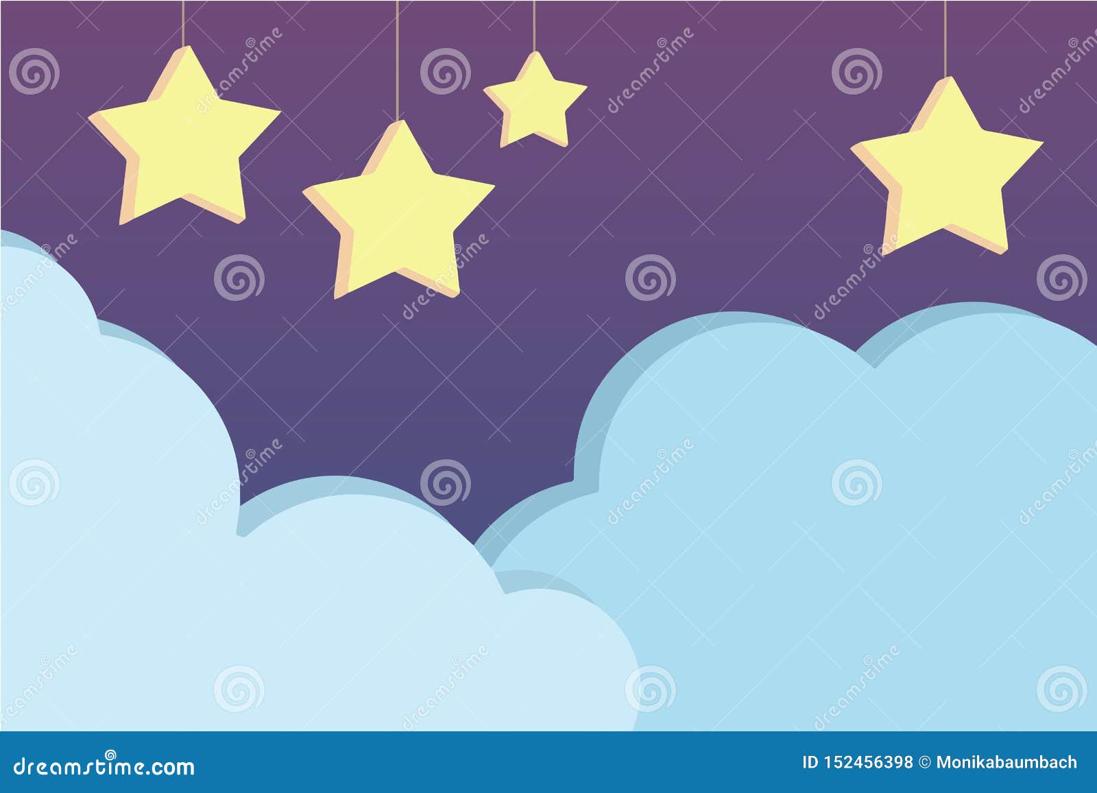 Night Sky Scene with Cute Purple Cartoon Style Vector Background with  Hanging Three Dimensional Stars and Light Blue Clouds, Illus Stock Vector -  Illustration of background, cute: 152456398