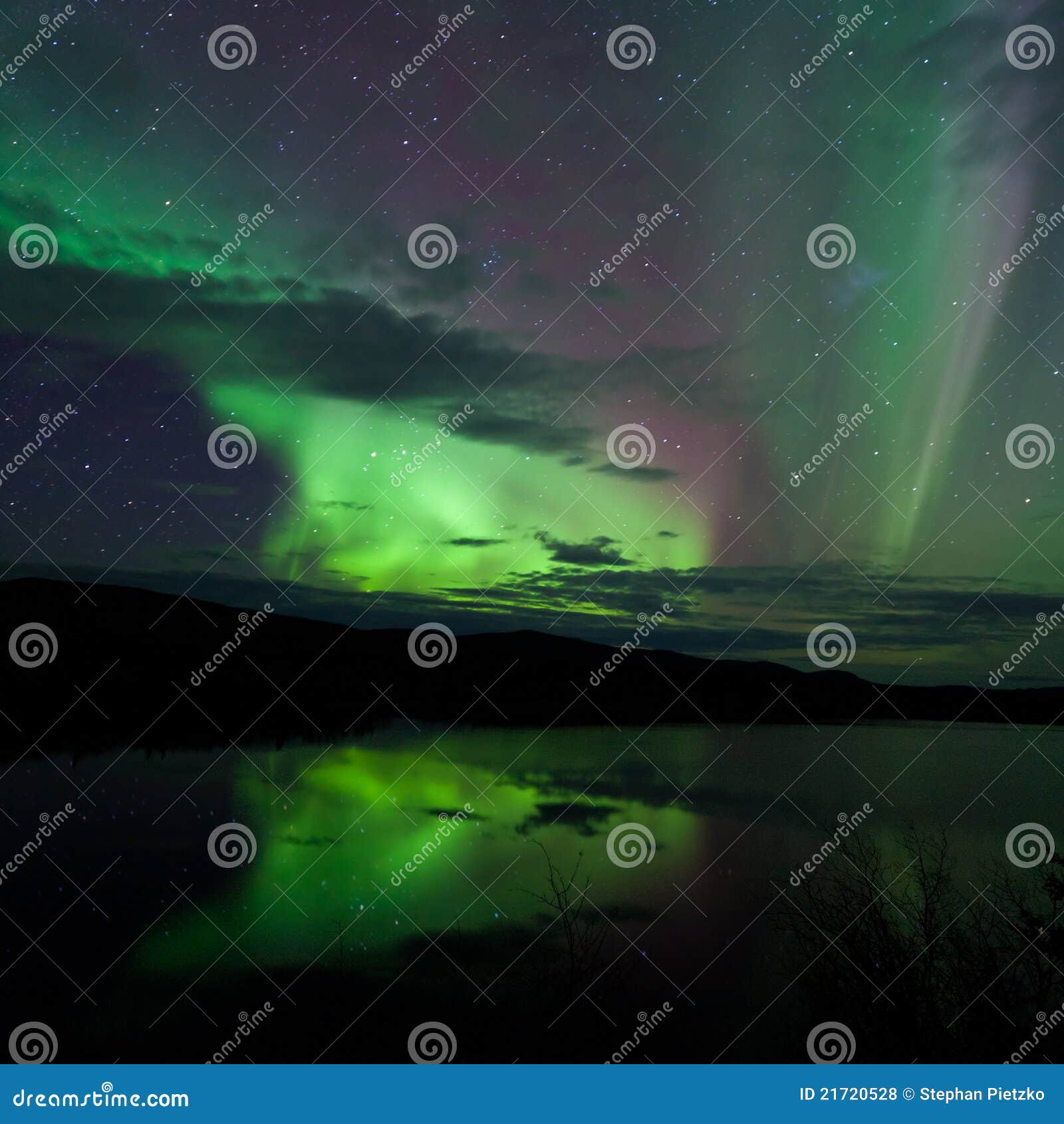 Night Sky Stars Clouds Northern Lights Mirrored Stock Photo Image of