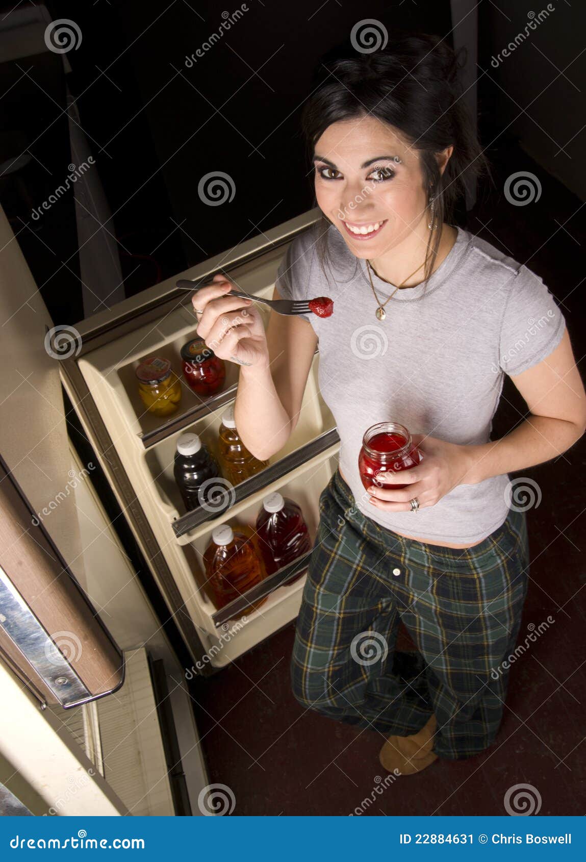 Woman Caught Snacking on Fruit Late Night Woman Stock Image Image of