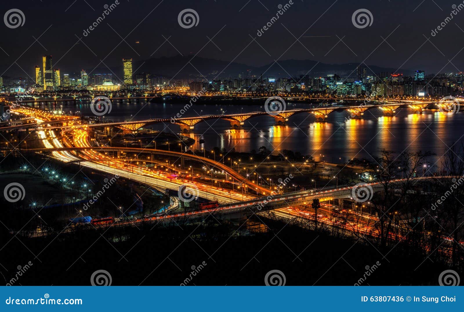 night traffic over han river in seoul
