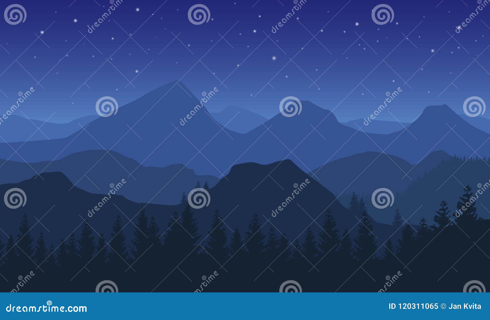 night  landscape with blue misty forested mountains and stars on dark sky.
