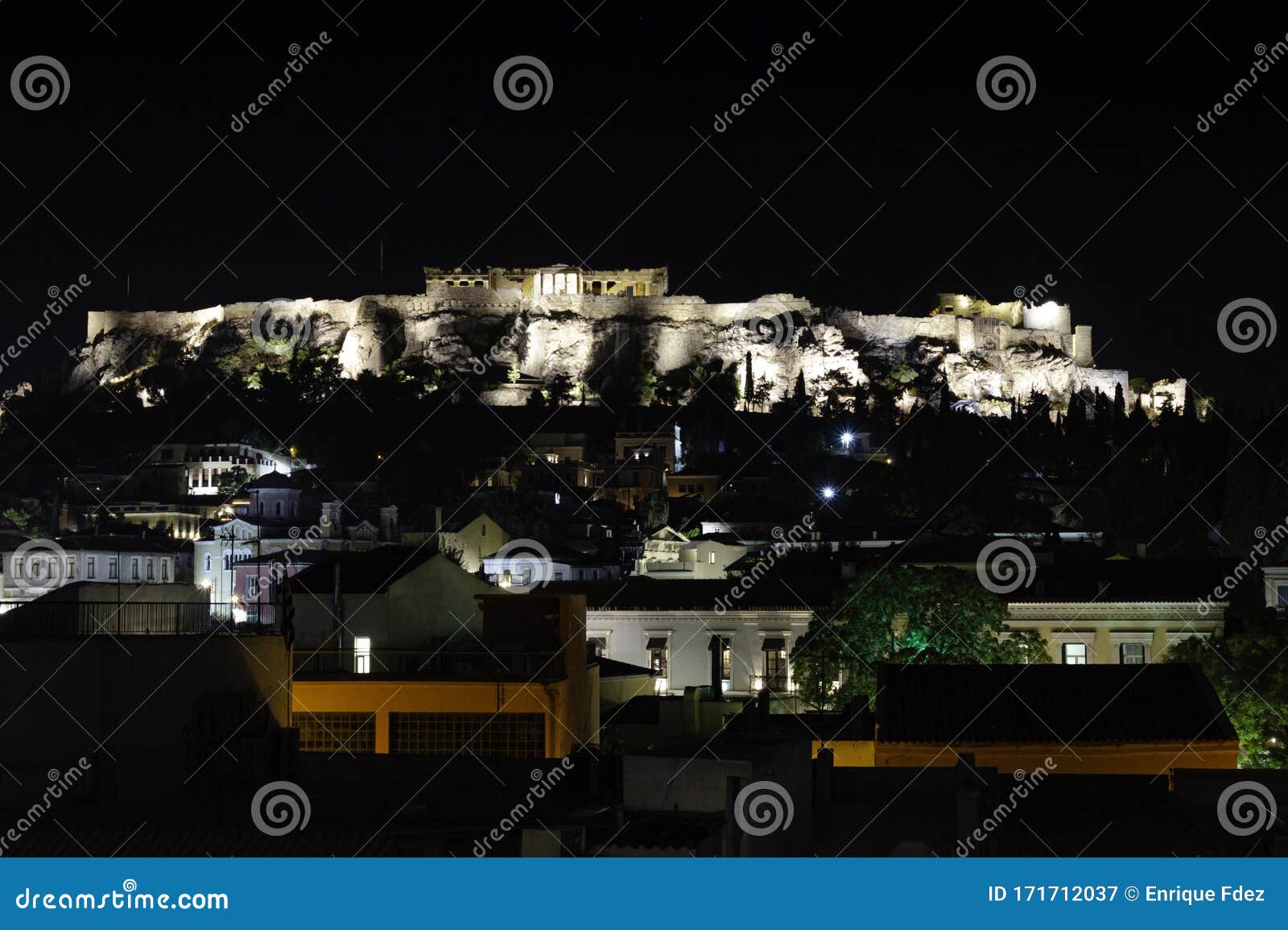 night view with the acropolis and the parthenon, athens, greece