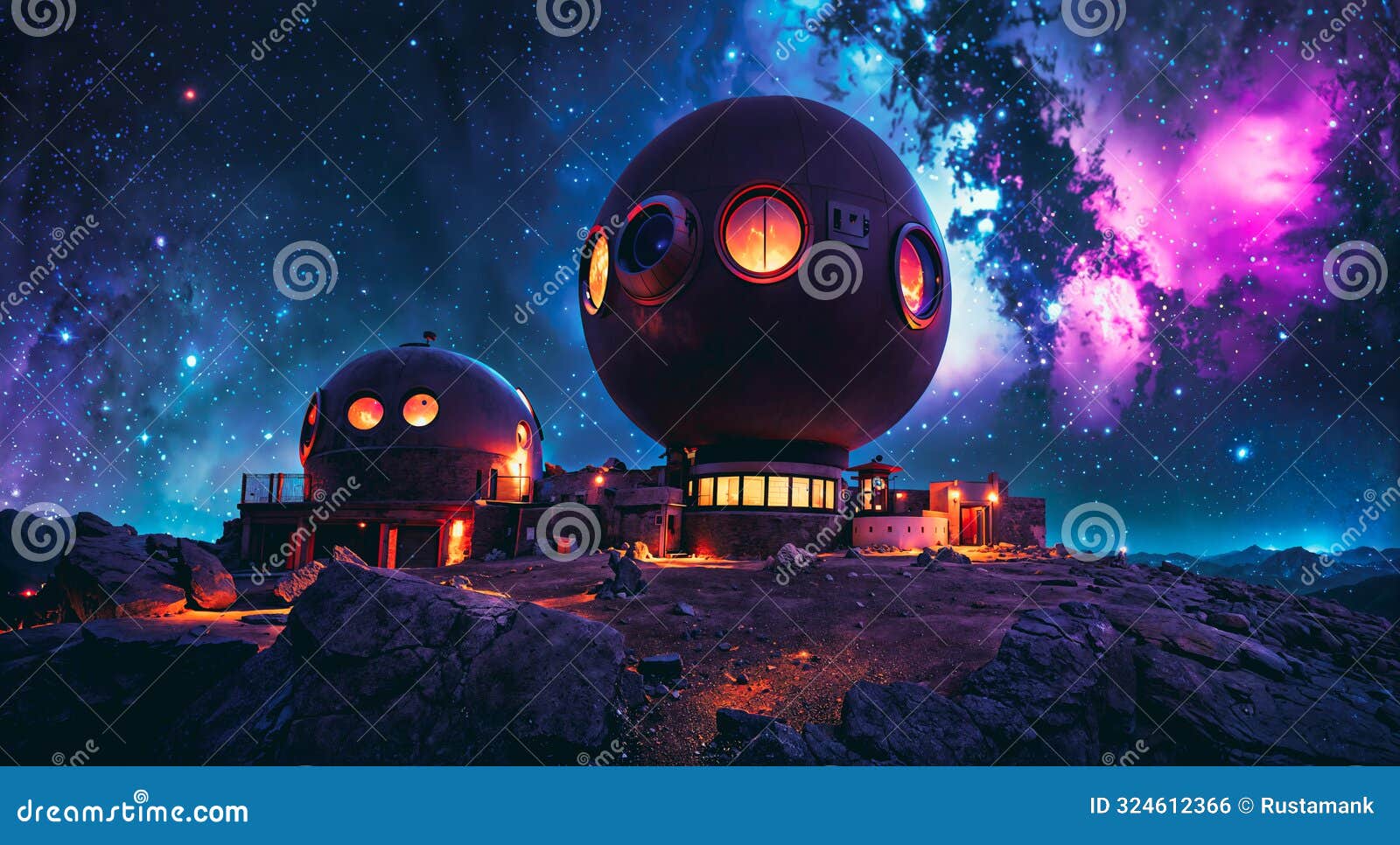 night view of the astronomical observatory against the background of the starry sky in the mountains