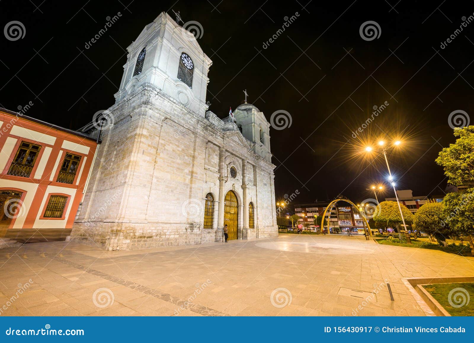 night view of the cathedral of huancayo in peru