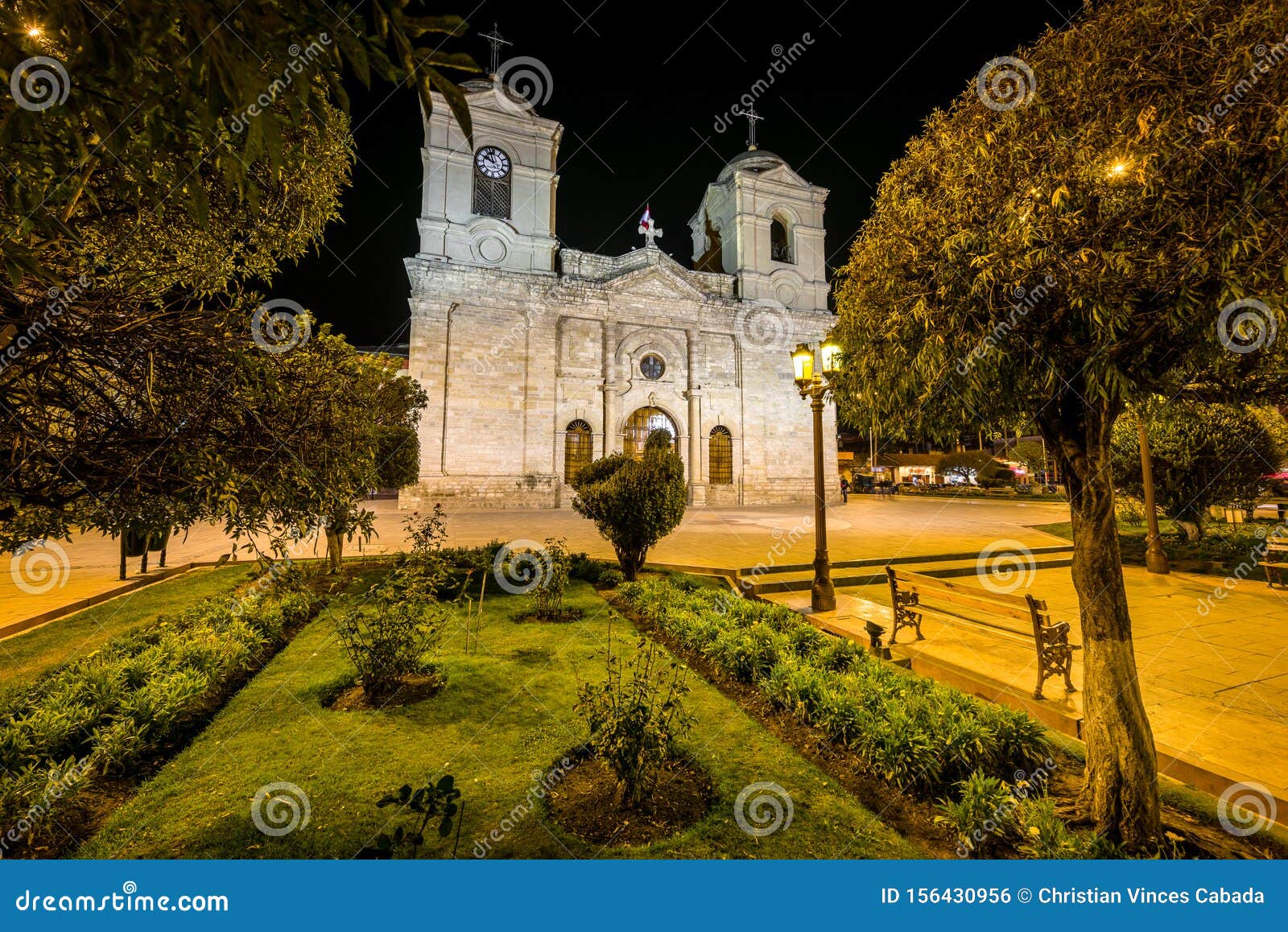 night view of the cathedral of huancayo in peru