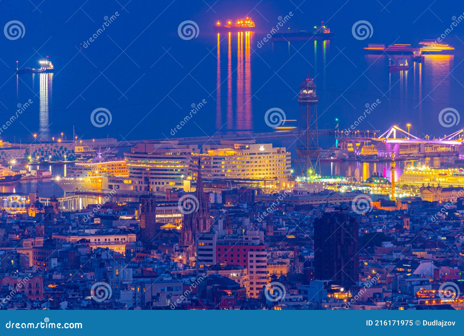 night view of the ciutat vella of barcelona, spain