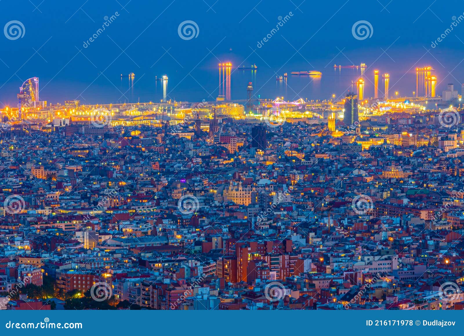 night view of the ciutat vella of barcelona, spain
