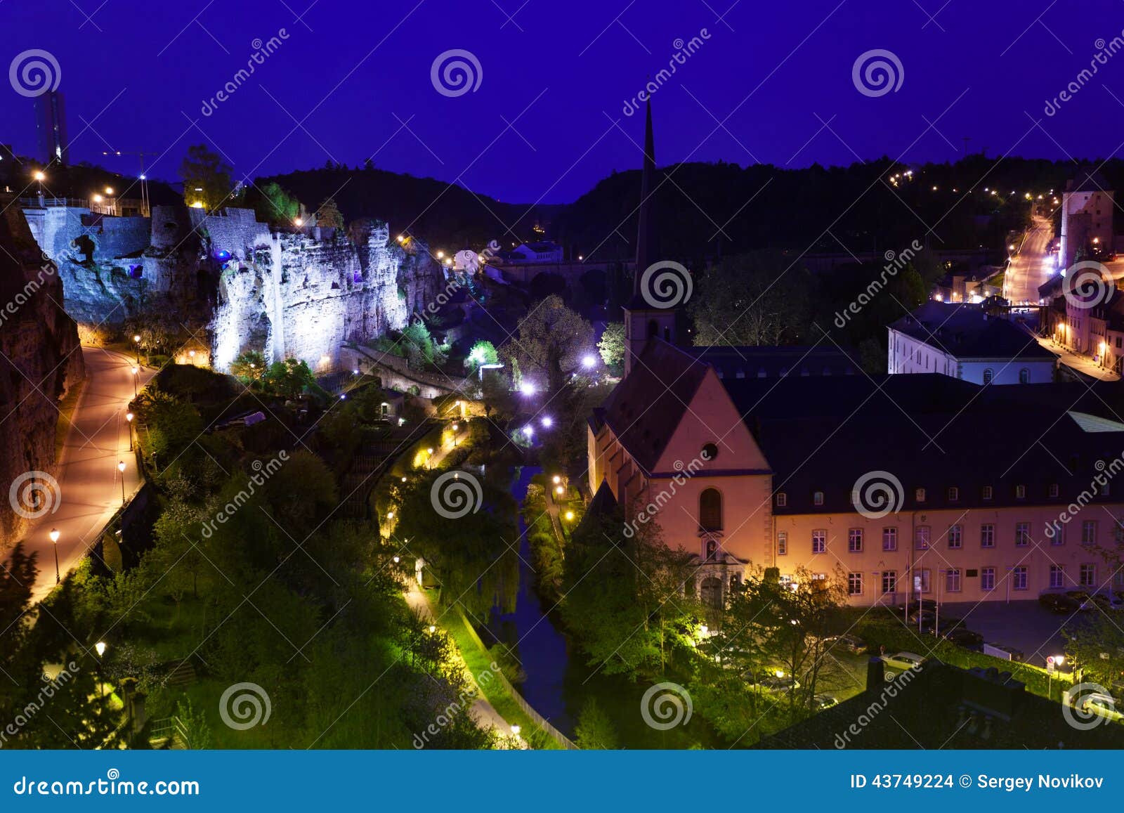 Night View with Dent Creuse in Lights, Luxembourg Stock Photo Image