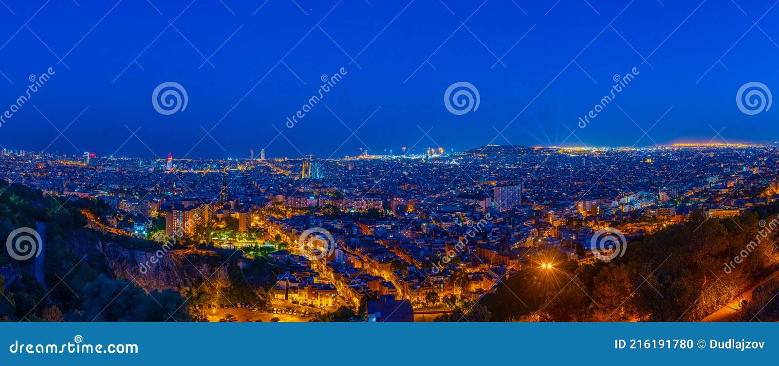 night view of the downtown and ciutat vella of barcelona, spain