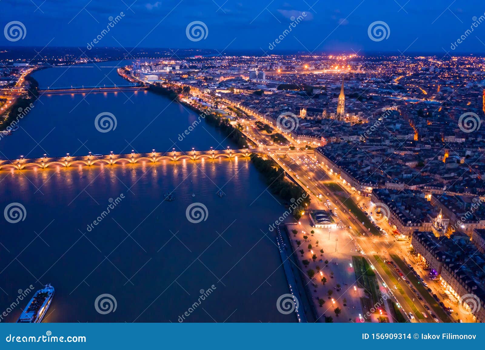 Night View from the Drone on the Bordeaux. France Stock Photo Image