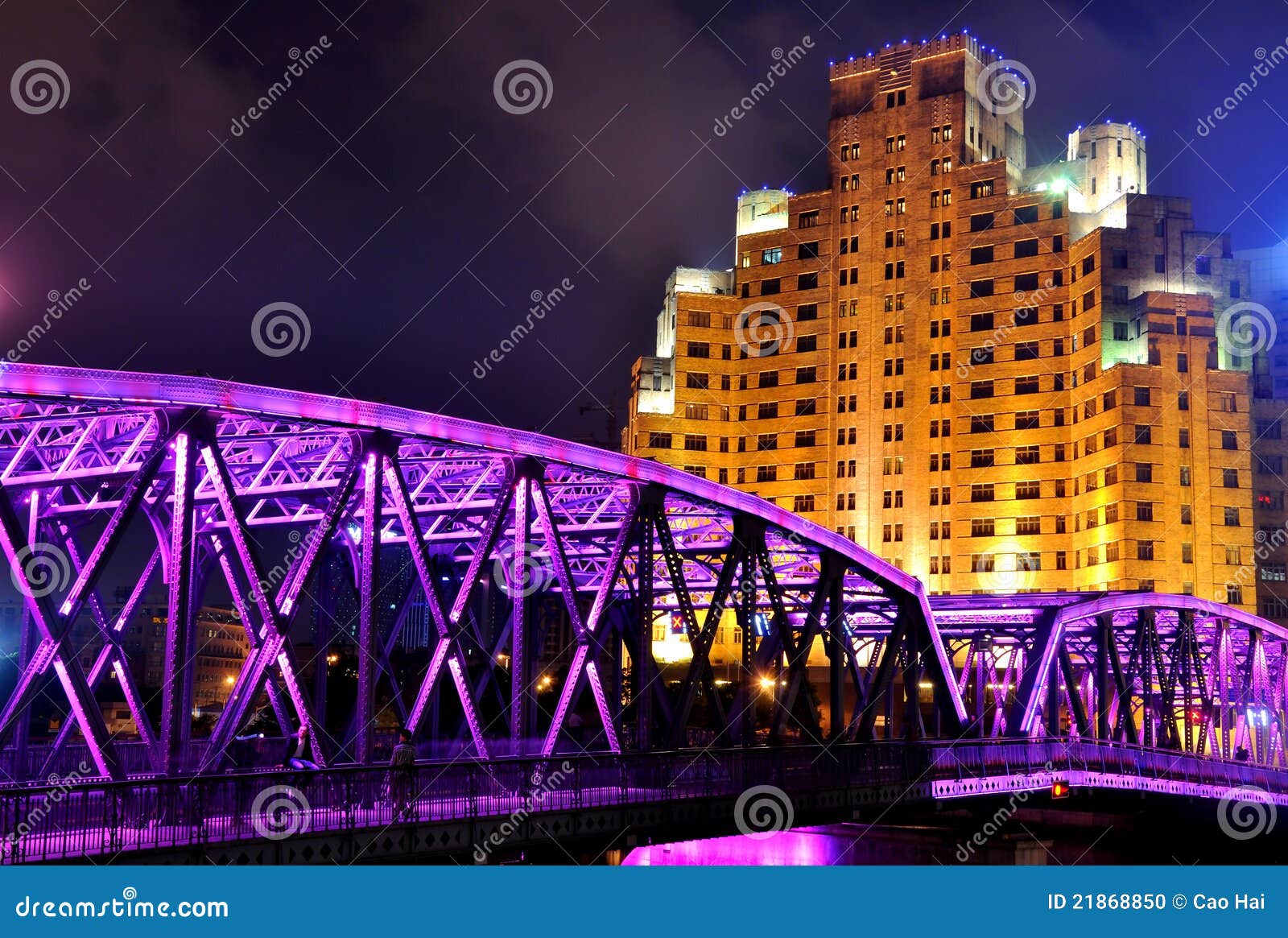 Night View of Garden Bridge of Shanghai, China Stock Photo Image of