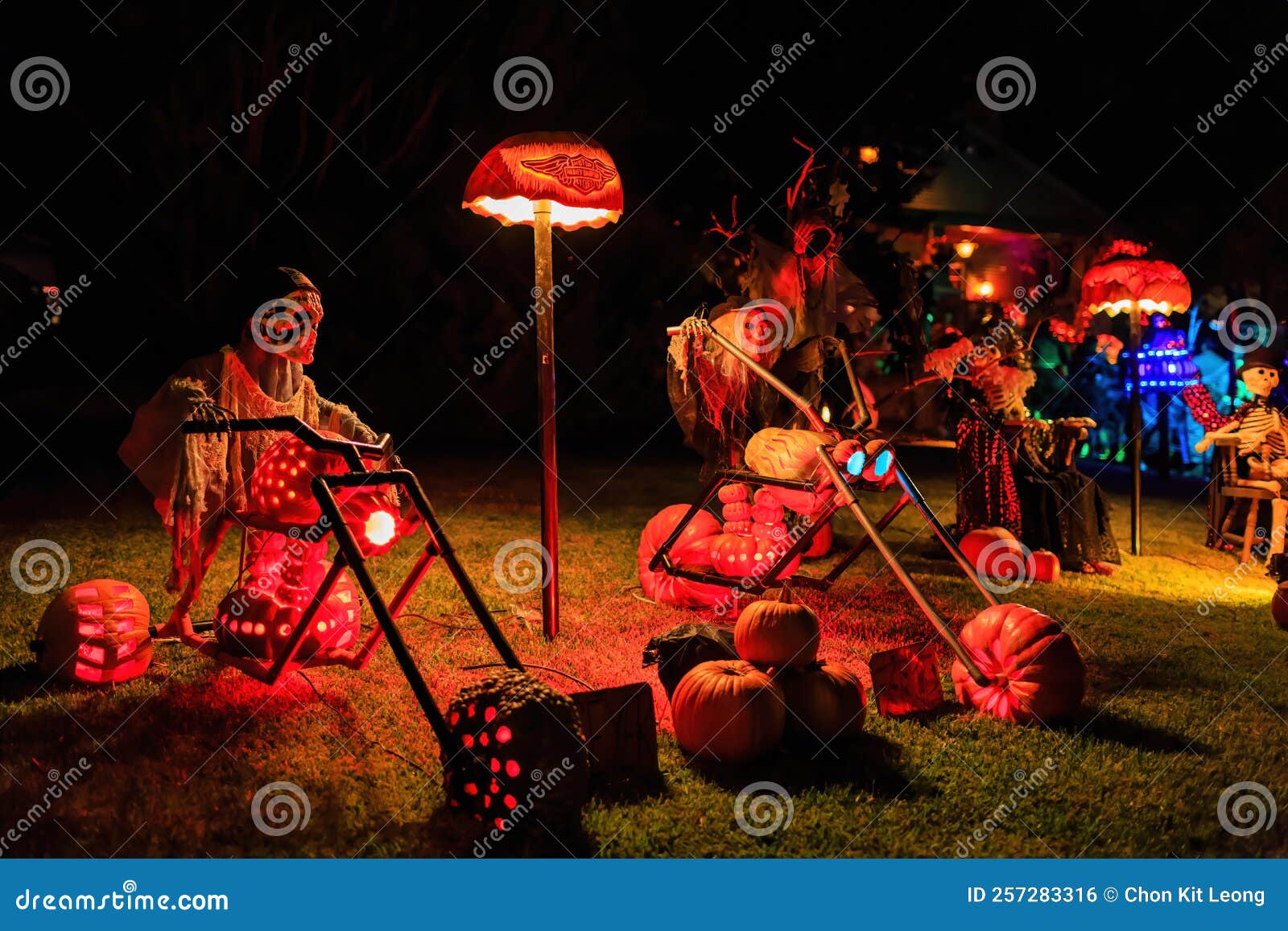 night view of the halloween decoration in alegria avenue, sierra madre