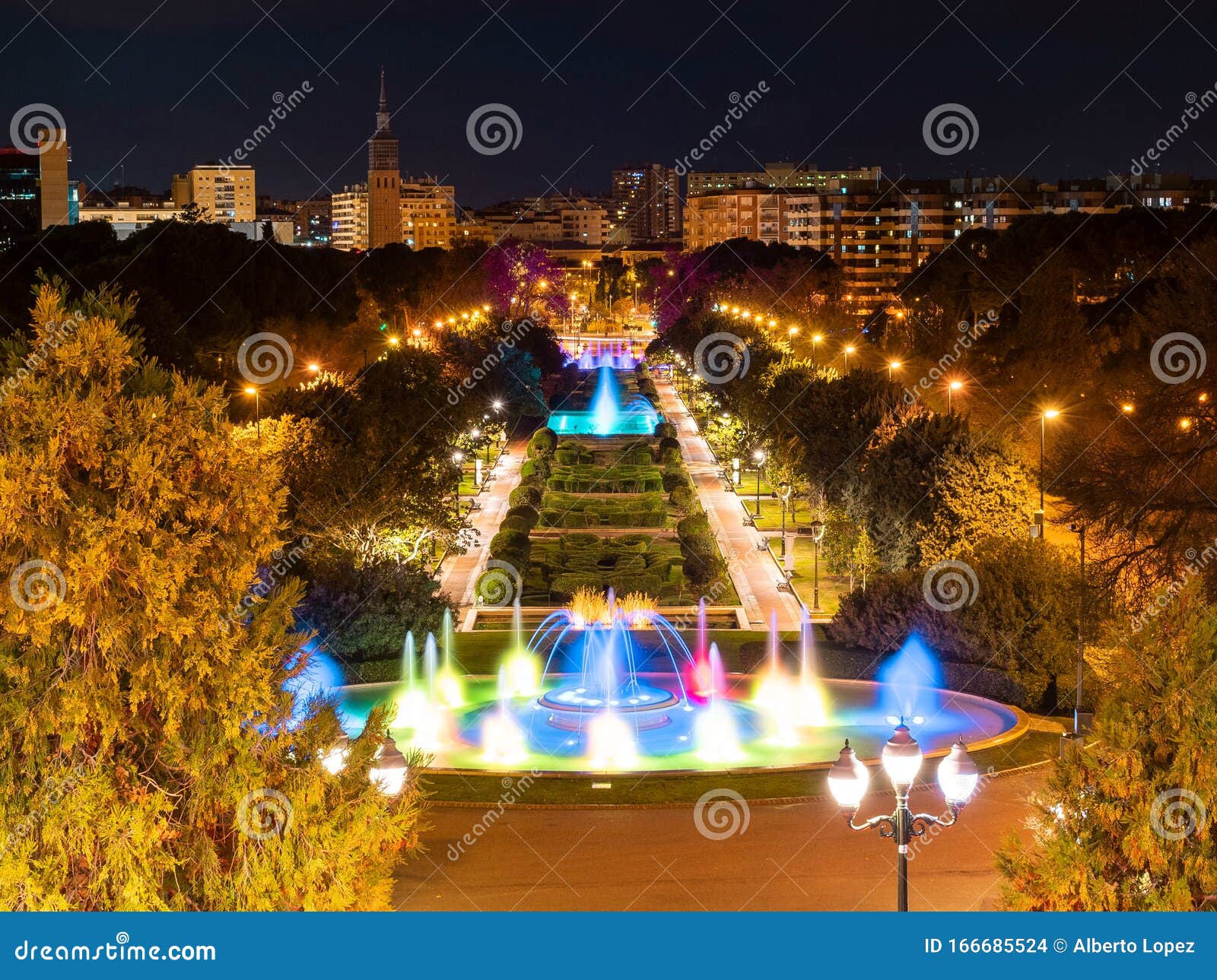 night view of jose antonio labordeta park or parque grande in zaragoza