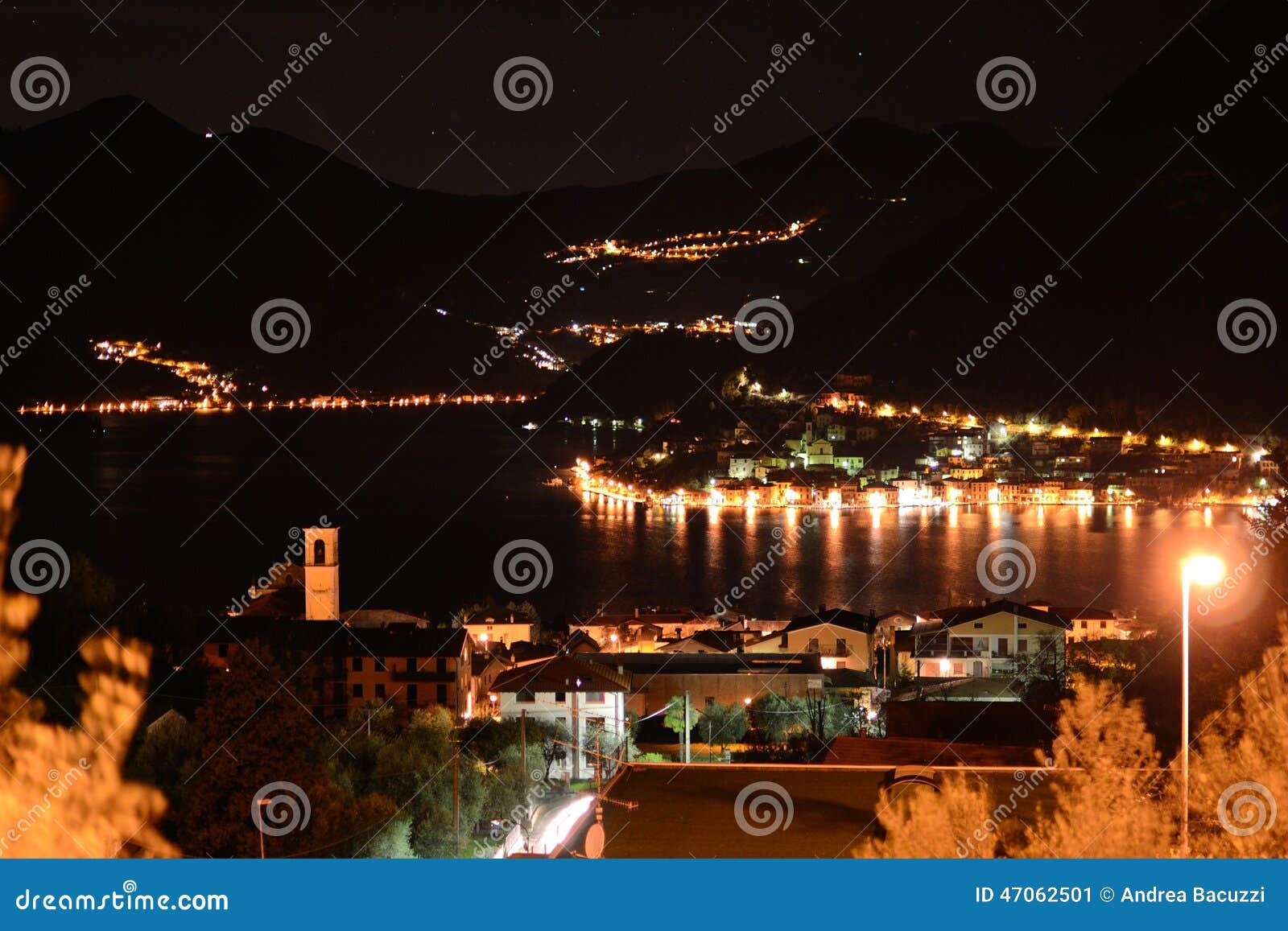 night view of lake iseo, lombardy, italy