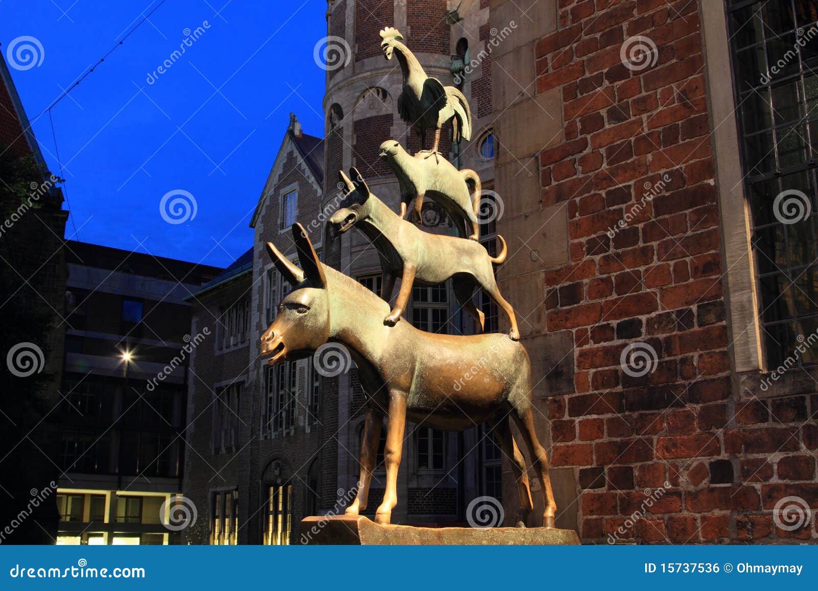 Night View of Medieval Fairy Tale Statue of Bremen Stock Photo Image