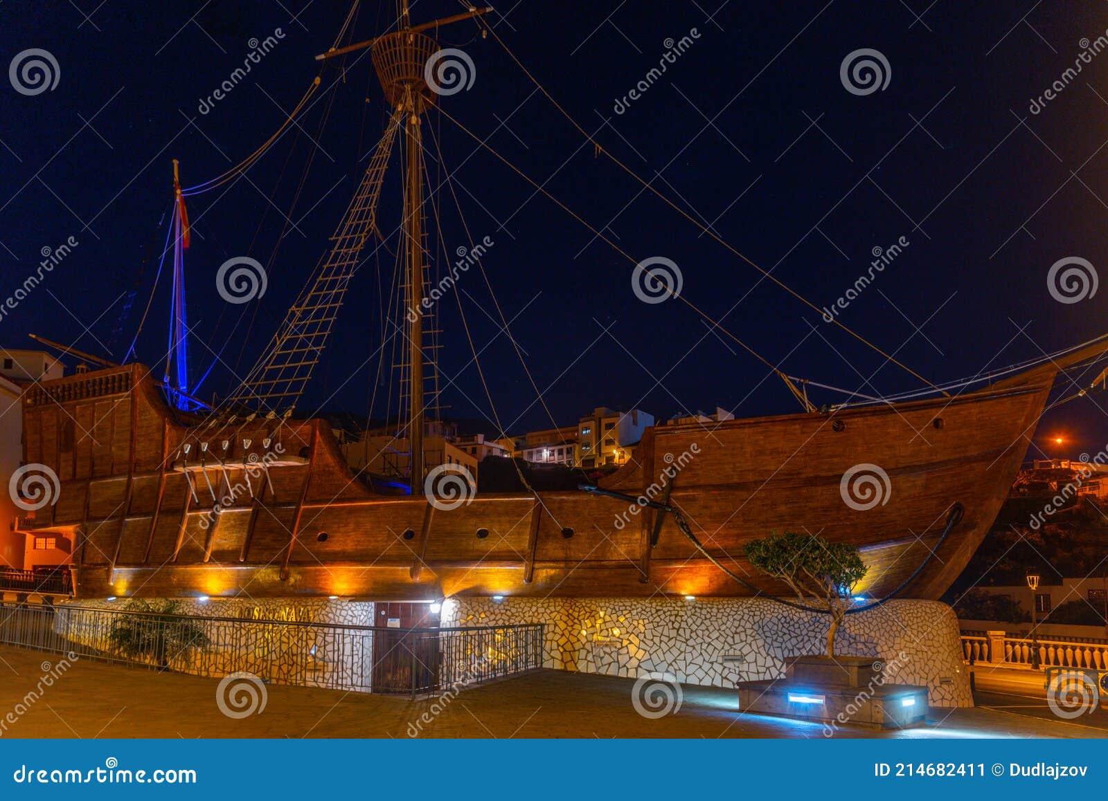 night view of the naval museum barco de la virgen at santa cruz de la palma, canary islands, spain
